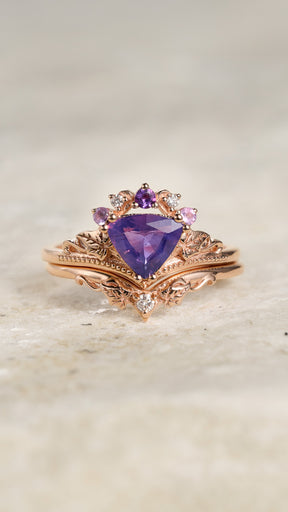 READY TO SHIP: Ariadne bridal set in 14K rose gold, natural purple sapphire, accent amethysts and lab diamonds, AVAILABLE RING SIZES: 5.5 - 8.5 US - Eden Garden Jewelry™