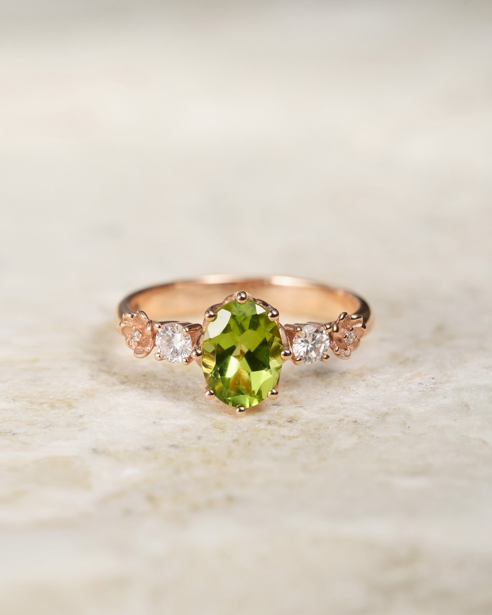 READY TO SHIP: Fiorella in 14K rose gold, oval peridot 8x6 mm, moissanites, RING SIZE - 5.75 US - Eden Garden Jewelry™