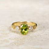 Peridot engagement ring, flower promise ring with diamonds / Fiorella