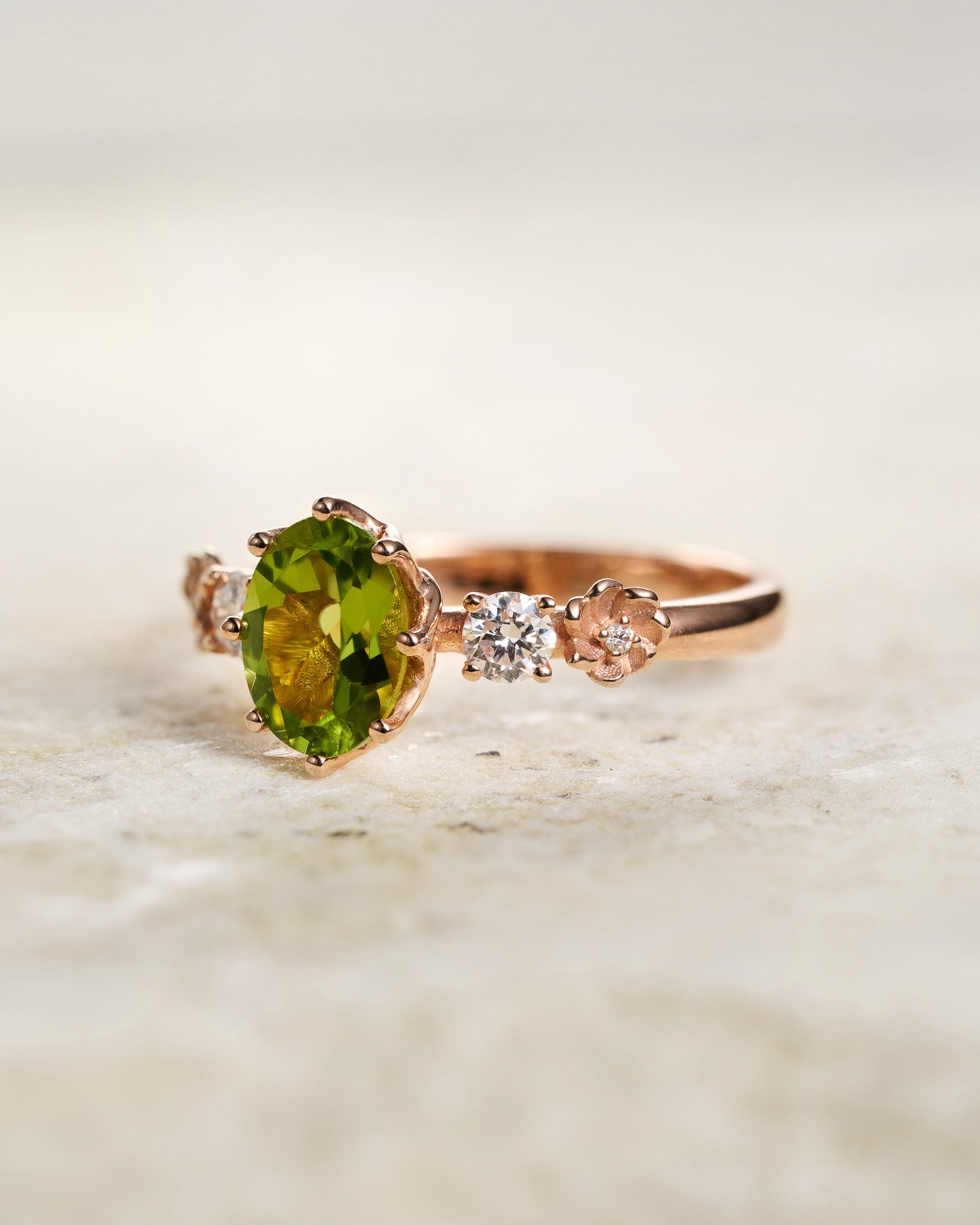 Peridot engagement ring, flower promise ring with diamonds / Fiorella - Eden Garden Jewelry™