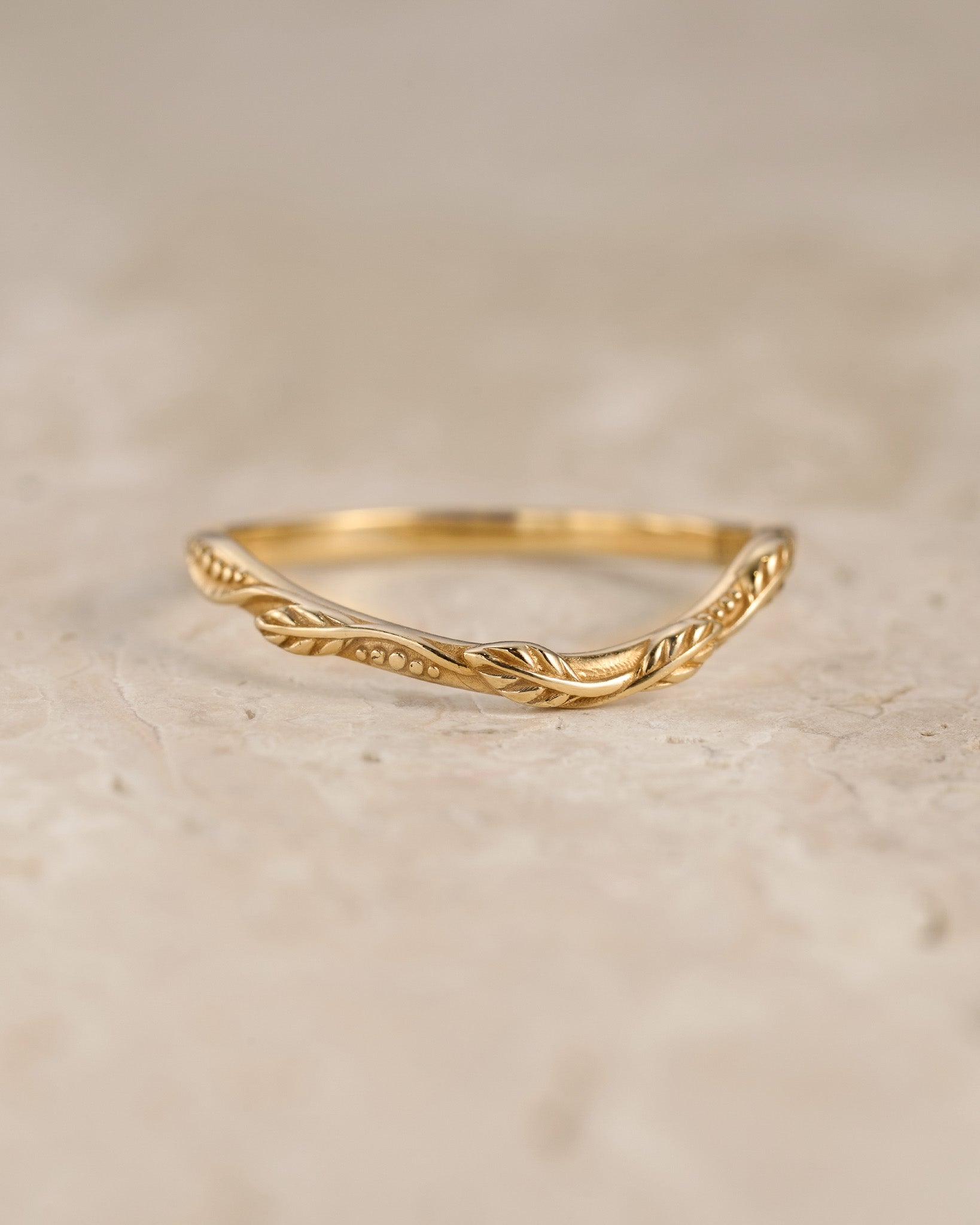 Wedding rings set for couples: sanblast finish band with branch for him, simple curved twig ring for her - Eden Garden Jewelry™