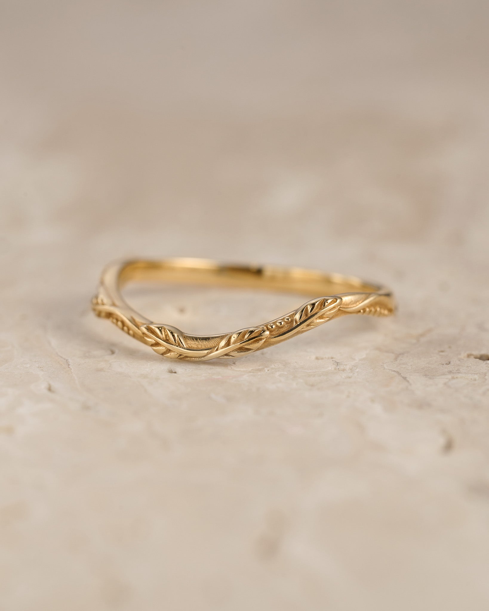 Wedding rings set for couples: sanblast finish band with branch for him, simple curved twig ring for her - Eden Garden Jewelry™