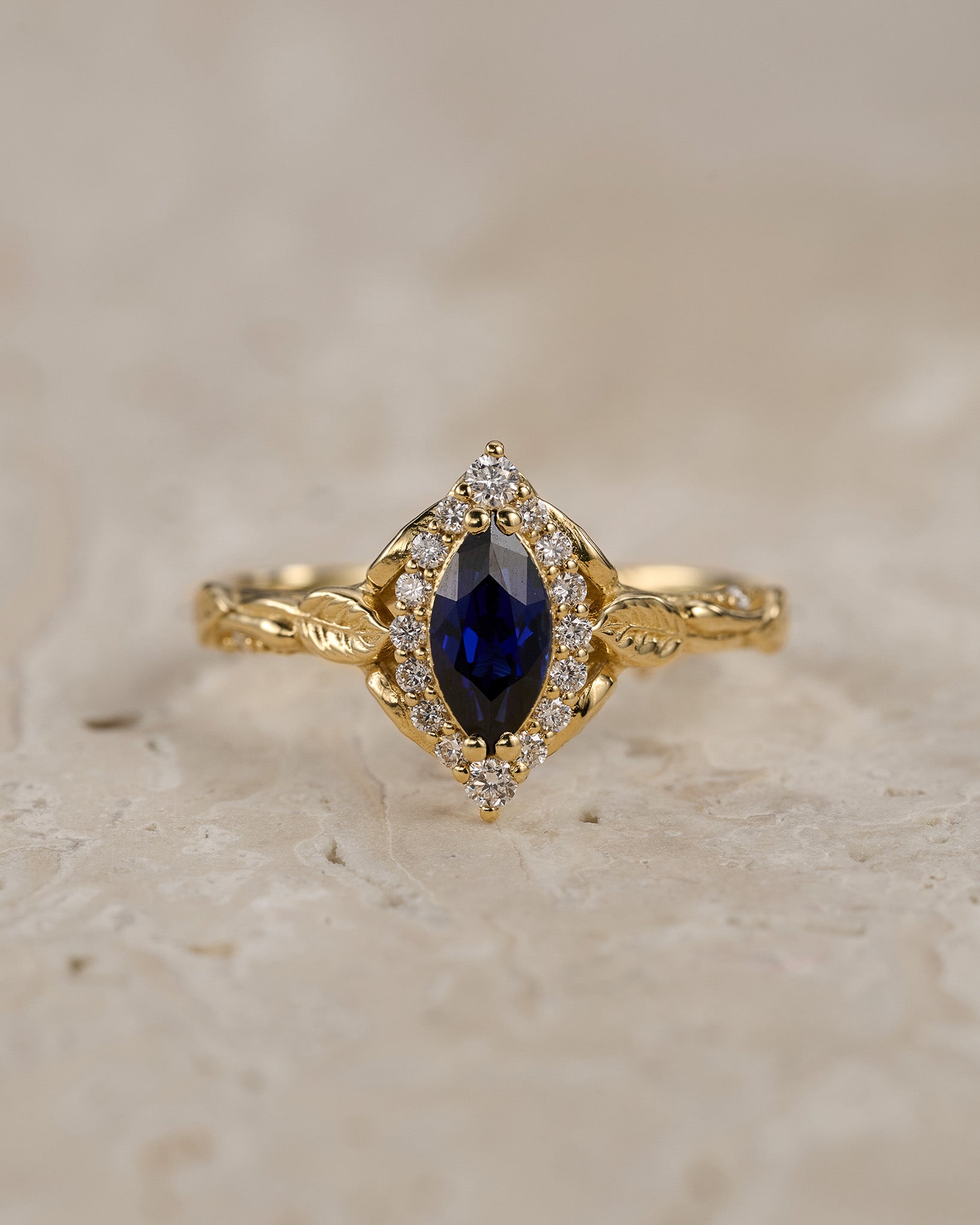Dark blue lab sapphire engagement ring, gold proposal ring with marquise cut gemstone and diamond halo / Florentina - Eden Garden Jewelry™