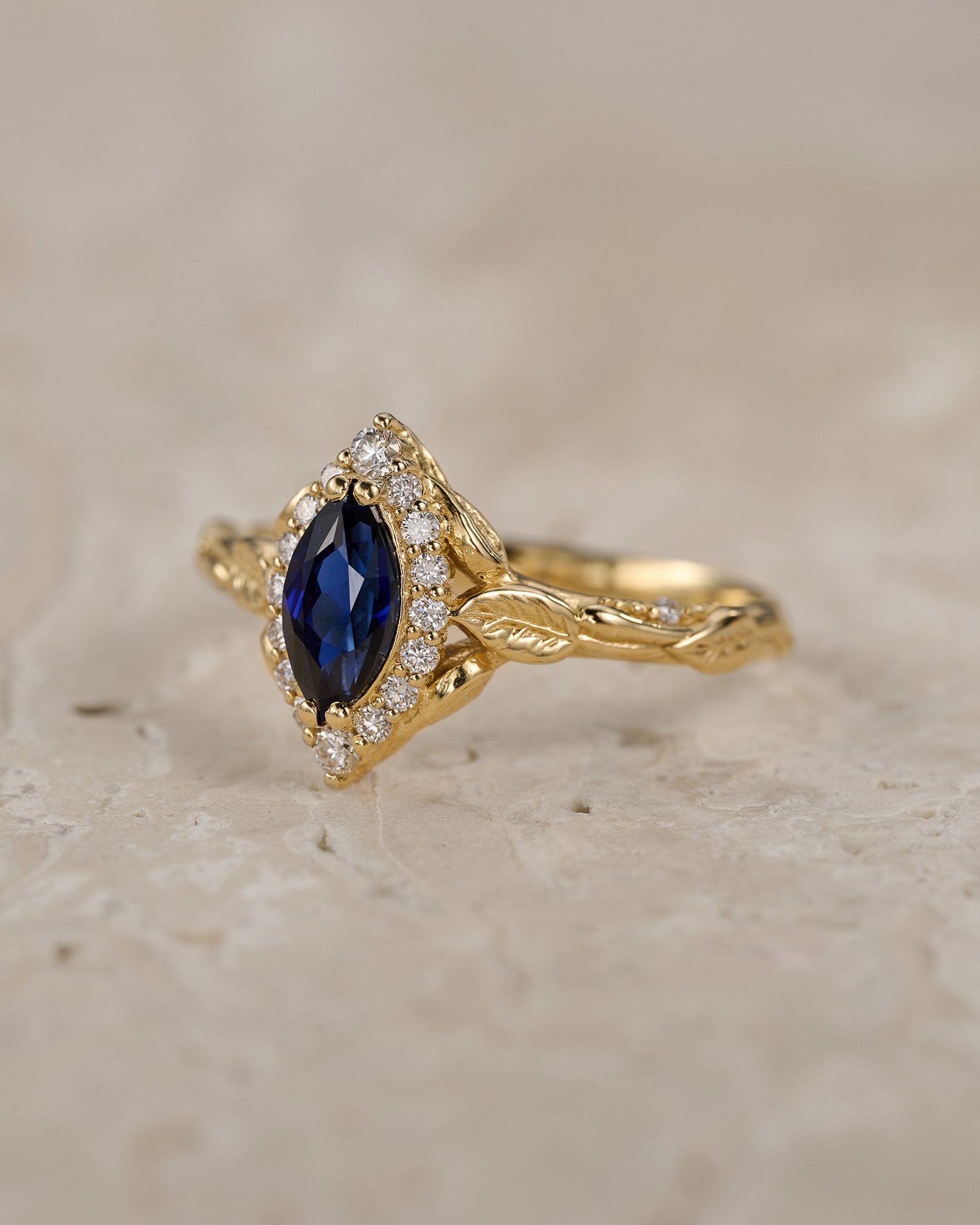 Dark blue lab sapphire engagement ring, gold proposal ring with marquise cut gemstone and diamond halo / Florentina - Eden Garden Jewelry™