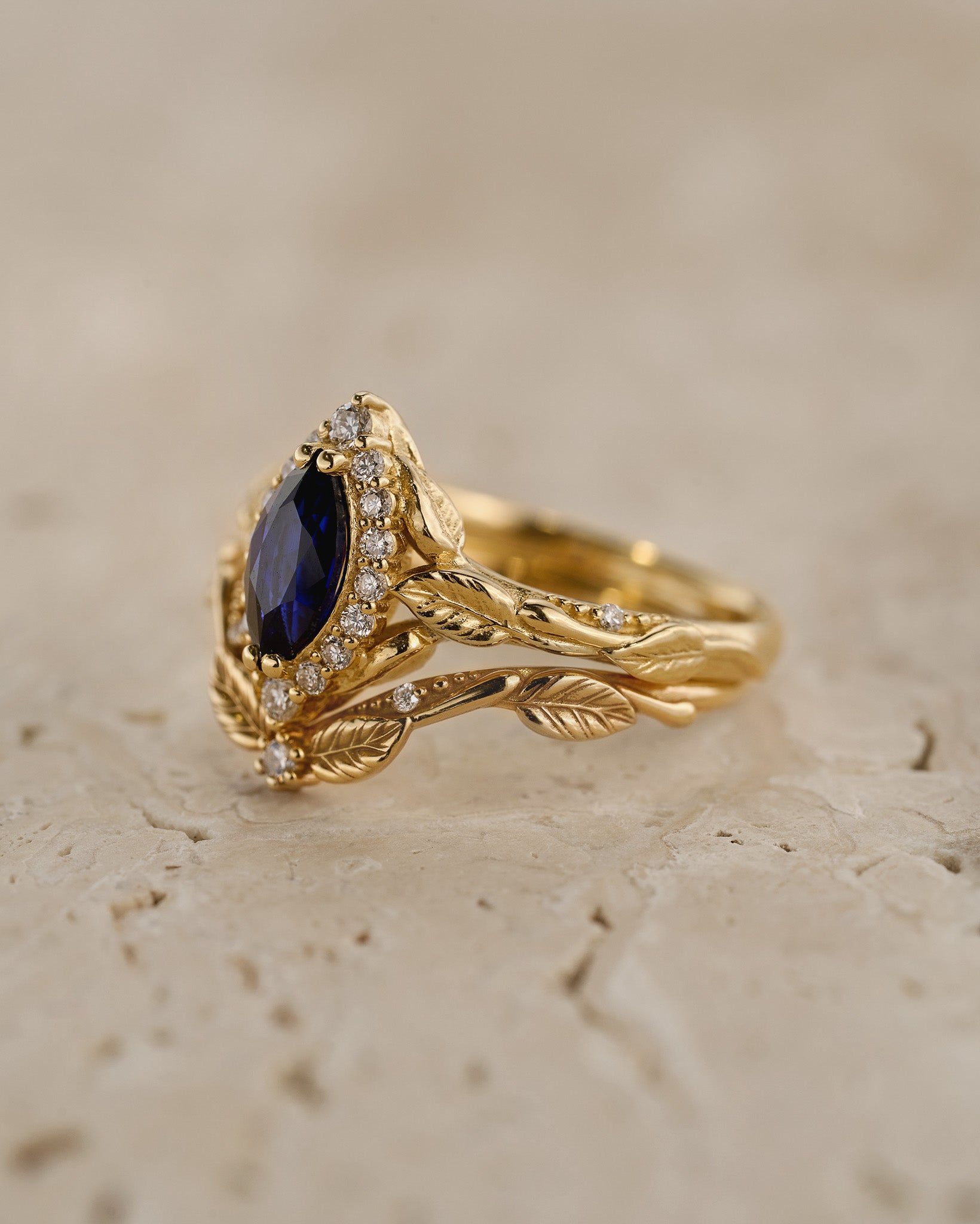 READY TO SHIP: Florentina bridal set with blue sapphire and diamond halo, 14K yellow gold, RING SIZES: 5.5 - 8.5 US - Eden Garden Jewelry™