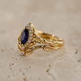 Marquise cut sapphire engagement ring set, nature inspired bridal ring set with diamond halo / Florentina - Eden Garden Jewelry™