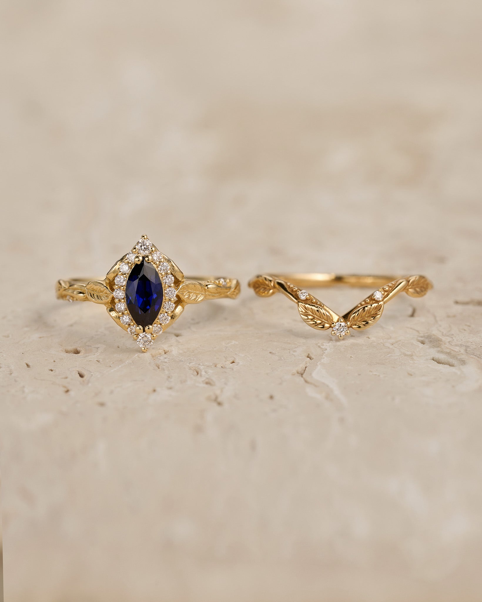 Marquise cut sapphire engagement ring set, nature inspired bridal ring set with diamond halo / Florentina - Eden Garden Jewelry™