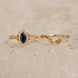 READY TO SHIP: Florentina bridal set with blue sapphire and diamond halo, 14K yellow gold, RING SIZES: 5.5 - 8.5 US - Eden Garden Jewelry™