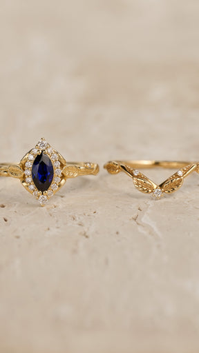 READY TO SHIP: Florentina bridal set with blue sapphire and diamond halo, 14K yellow gold, RING SIZES: 5.5 - 8.5 US - Eden Garden Jewelry™