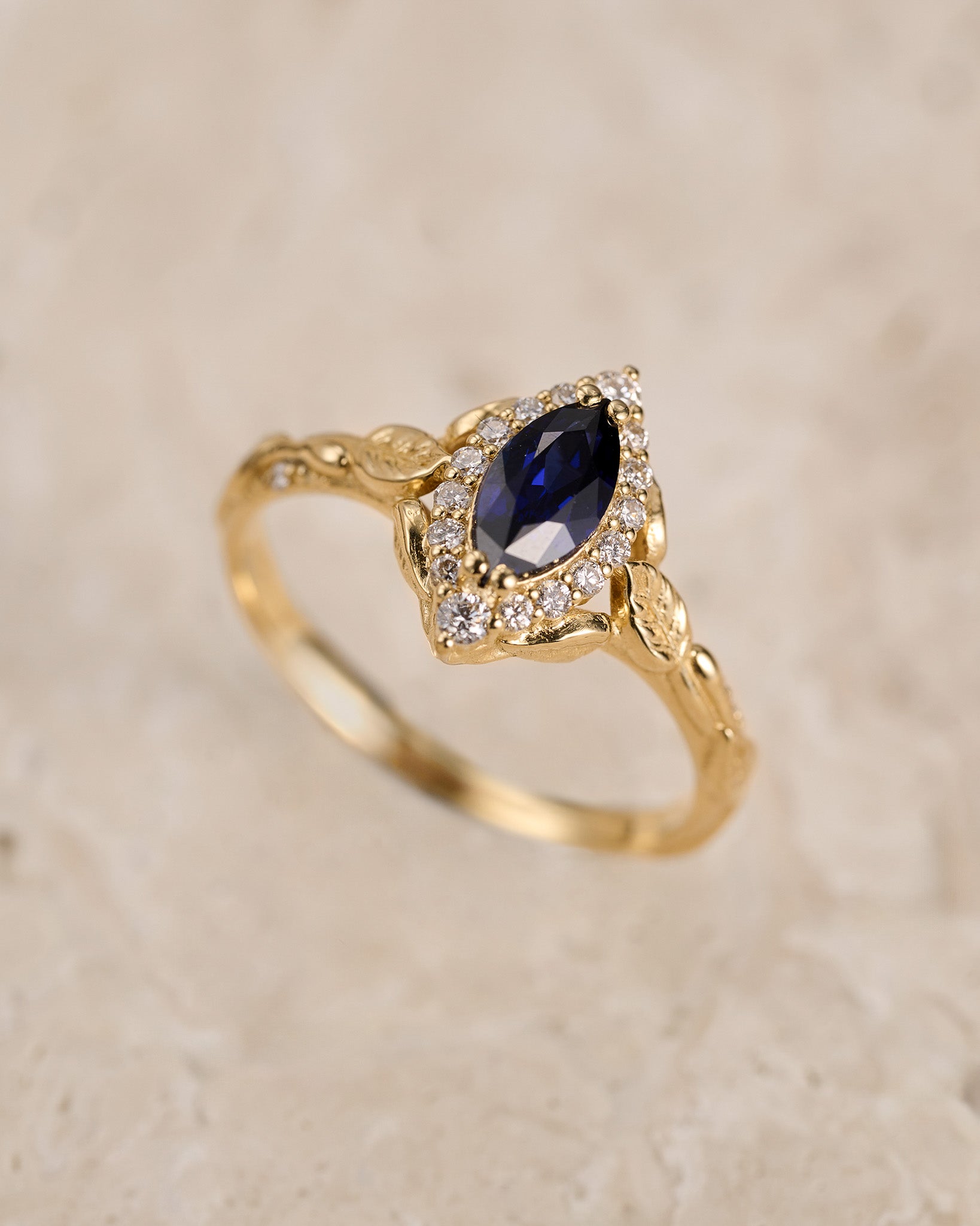 Dark blue lab sapphire engagement ring, gold proposal ring with marquise cut gemstone and diamond halo / Florentina - Eden Garden Jewelry™