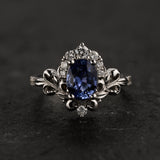 Natural sapphire engagement ring, half halo diamond gold proposal ring / Sophie - Eden Garden Jewelry™