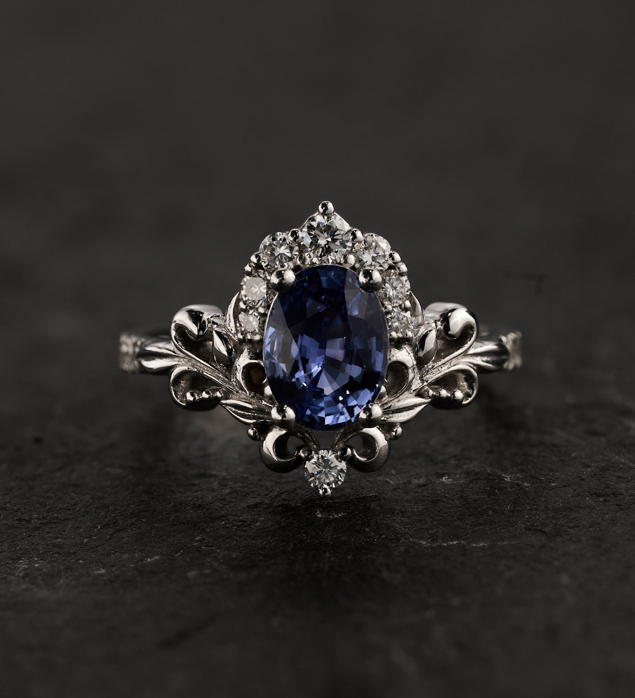 Natural sapphire engagement ring, half halo diamond gold proposal ring / Sophie - Eden Garden Jewelry™