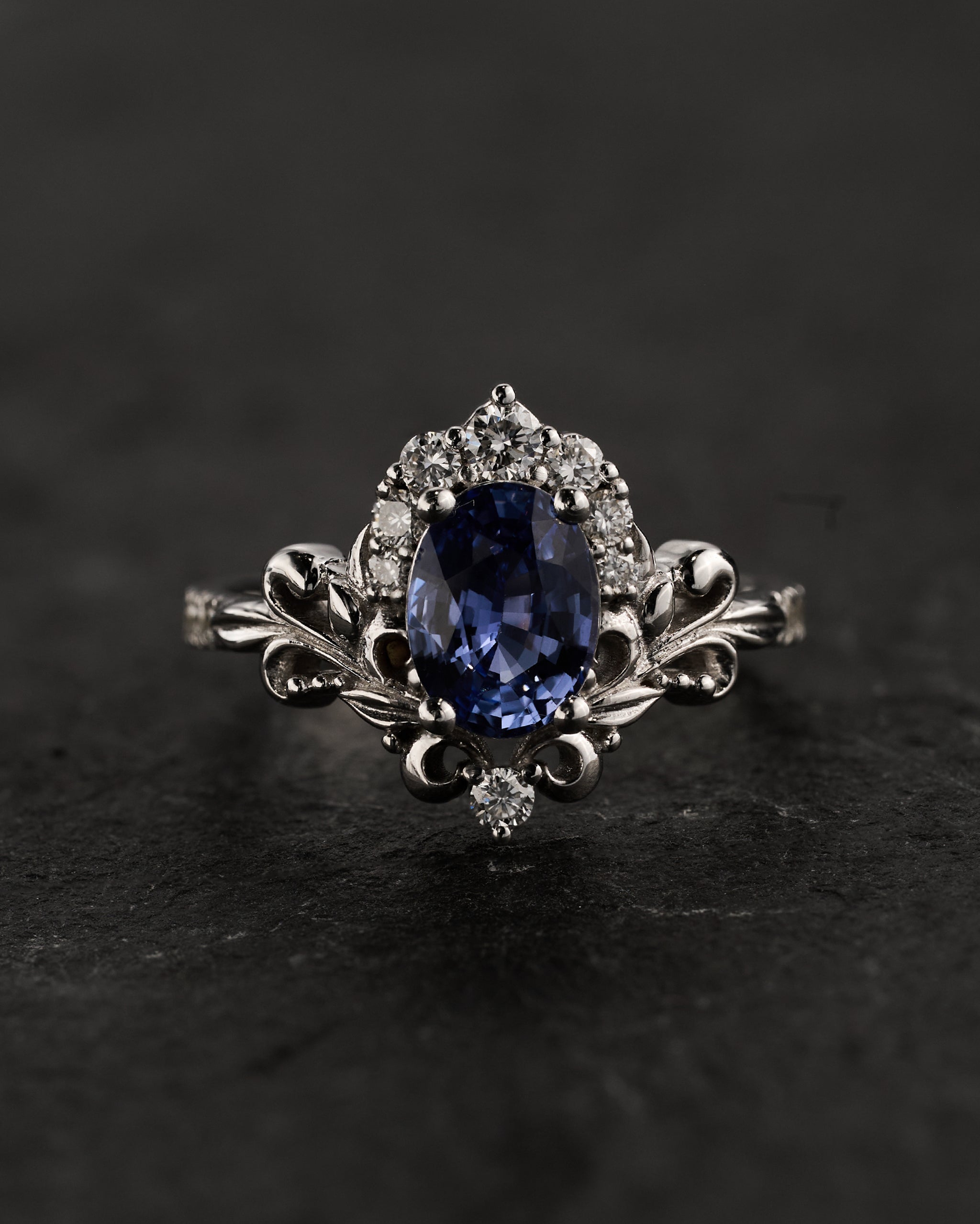 Natural sapphire engagement ring, half halo diamond gold proposal ring / Sophie - Eden Garden Jewelry™