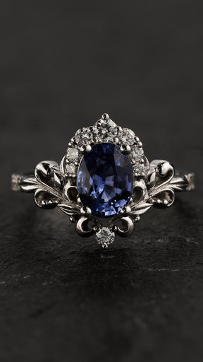 Natural sapphire engagement ring, half halo diamond gold proposal ring / Sophie - Eden Garden Jewelry™