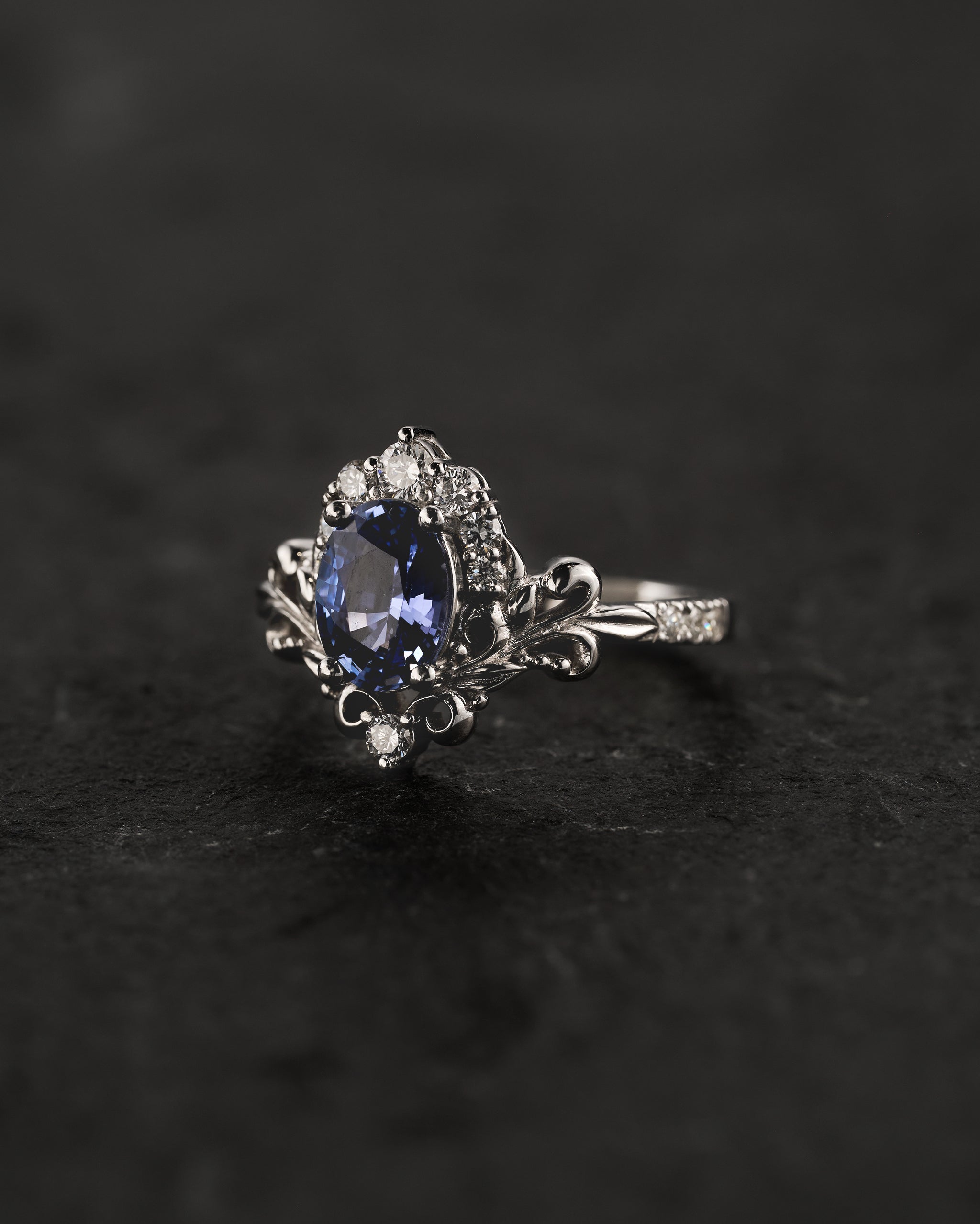 Natural sapphire engagement ring, half halo diamond gold proposal ring / Sophie - Eden Garden Jewelry™