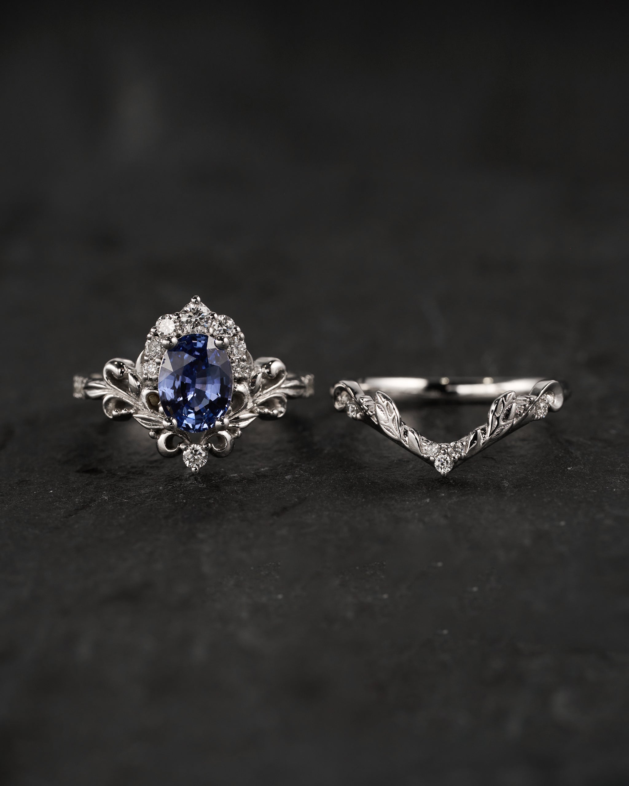 Natural sapphire engagement ring, half halo diamond gold proposal ring / Sophie - Eden Garden Jewelry™