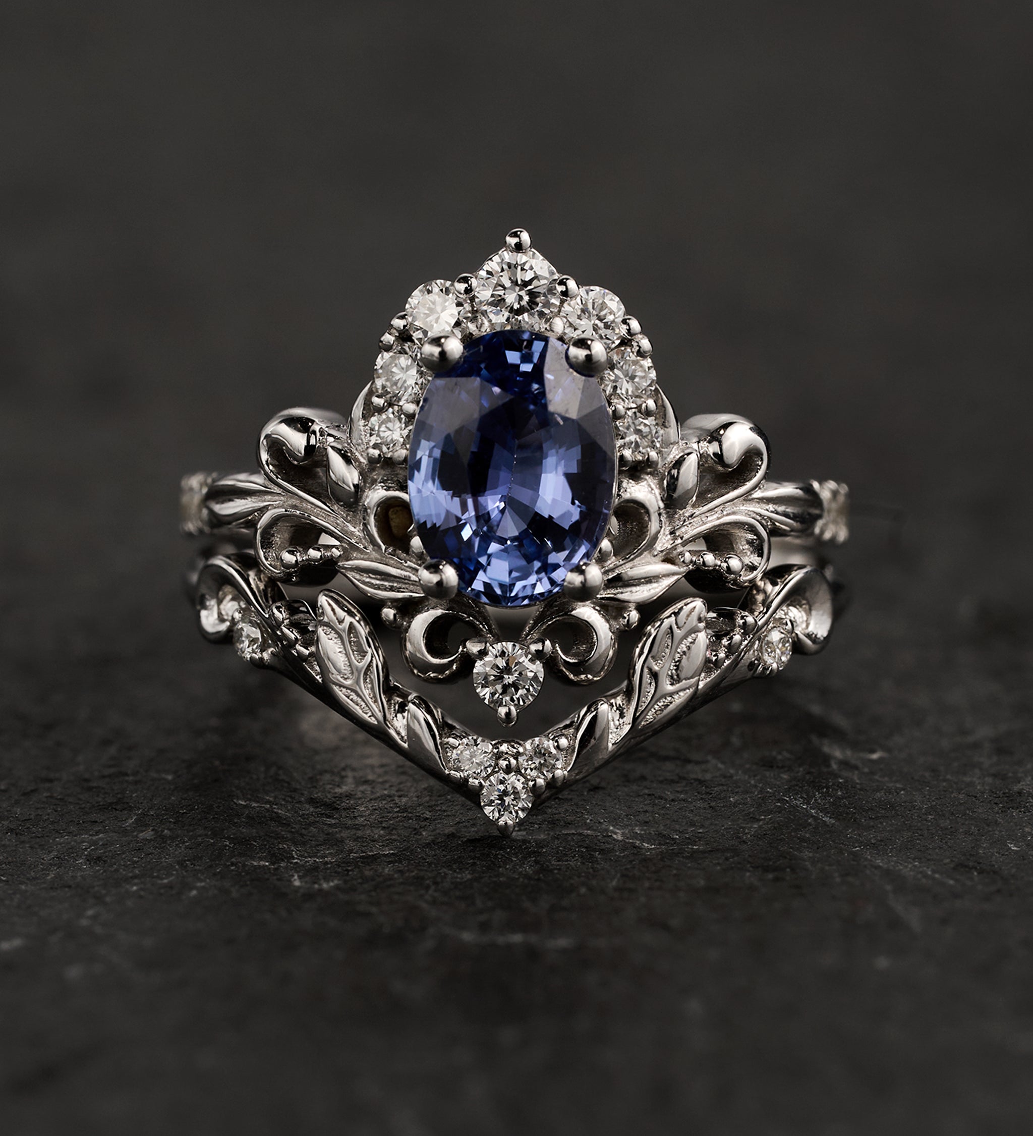 READY TO SHIP: Sophie bridal set in 14K white gold, natural blue sapphire, oval cut 8x6 mm, accent lab diamonds, AVAILABLE RING SIZES: 5.5 - 8.5 US - Eden Garden Jewelry™