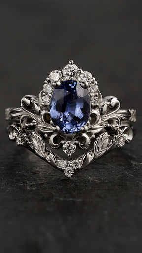 READY TO SHIP: Sophie bridal set in 14K white gold, natural blue sapphire, oval cut 8x6 mm, accent lab diamonds, AVAILABLE RING SIZES: 5.5 - 8.5 US - Eden Garden Jewelry™