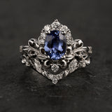 Natural blue sapphire bridal set, baroque inspired gold engagement ring set with diamonds / Sophie - Eden Garden Jewelry™