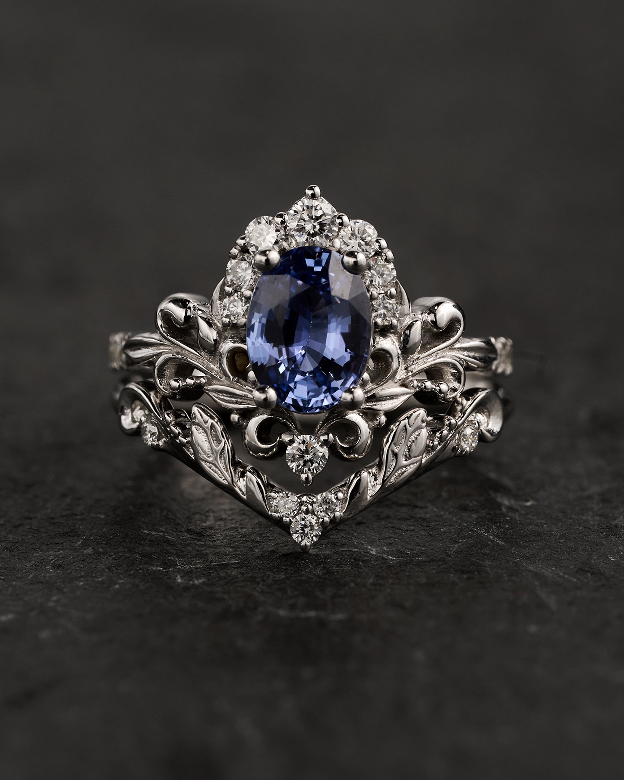 Natural blue sapphire bridal set, baroque inspired gold engagement ring set with diamonds / Sophie - Eden Garden Jewelry™