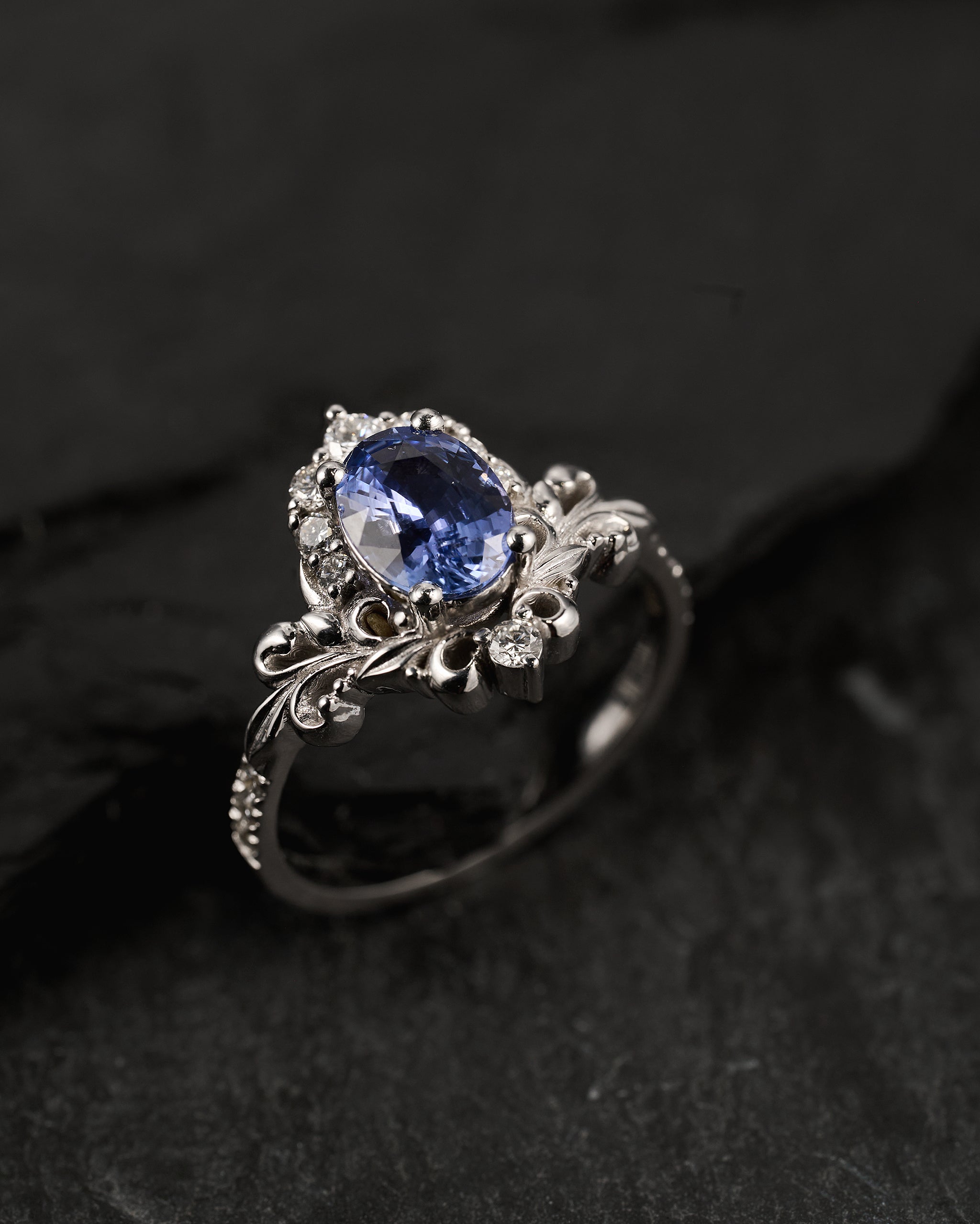Natural sapphire engagement ring, half halo diamond gold proposal ring / Sophie - Eden Garden Jewelry™