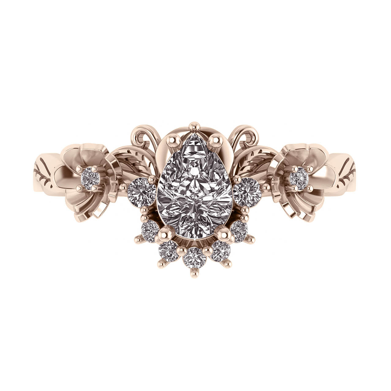 Adelina | custom bridal ring set, version half-halo, pear-cut 7x5 mm - Eden Garden Jewelry™