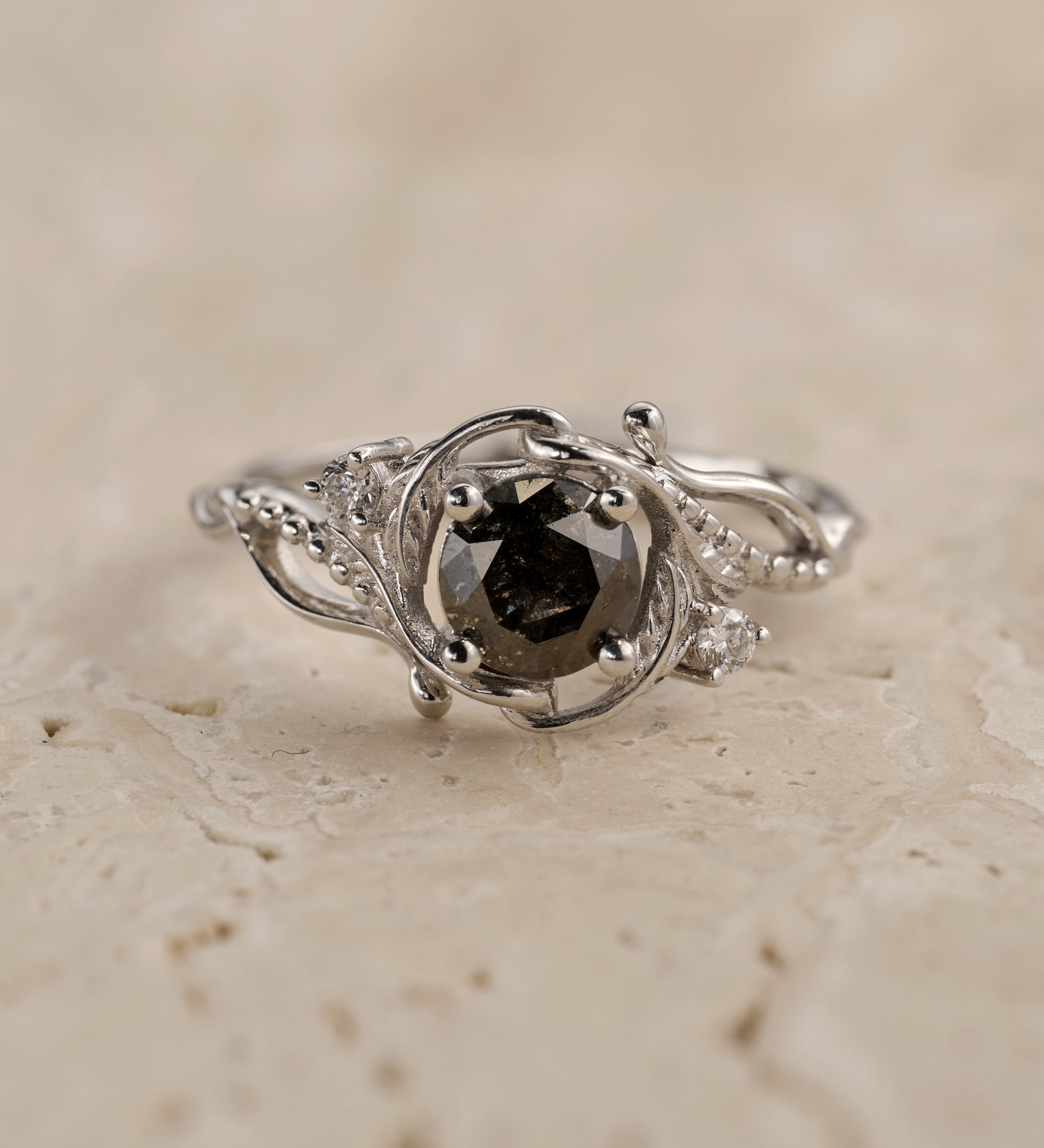 READY TO SHIP: Undina engagement ring with salt & pepper diamond, 6mm, 14k white gold, RING SIZE: 5.5 - 8.5 US - Eden Garden Jewelry™