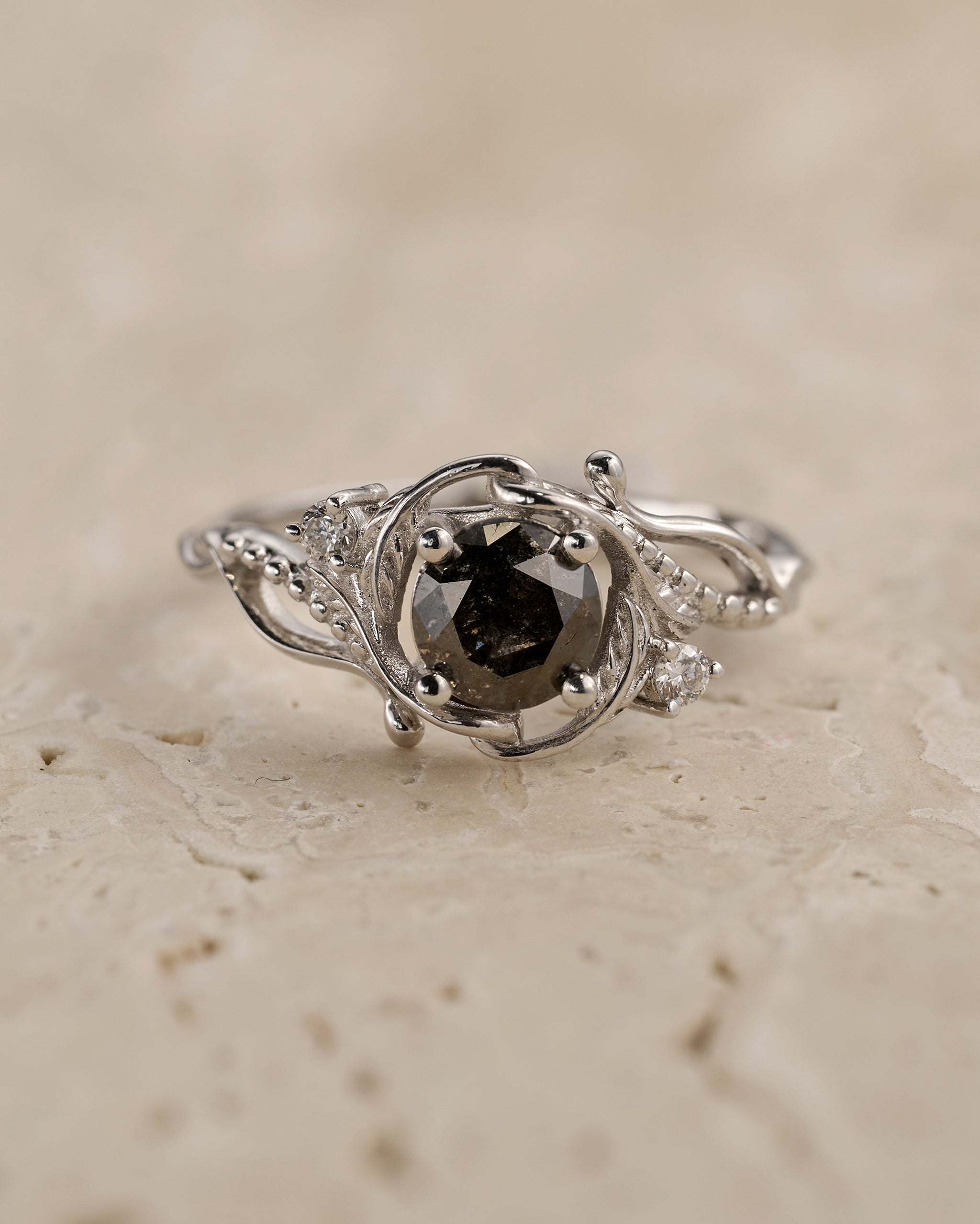 READY TO SHIP: Undina engagement ring with salt & pepper diamond, 6mm, 14k white gold, RING SIZE: 5.5 - 8.5 US - Eden Garden Jewelry™