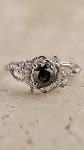 READY TO SHIP: Undina engagement ring with salt & pepper diamond, 6mm, 14k white gold, RING SIZE: 5.5 - 8.5 US - Eden Garden Jewelry™