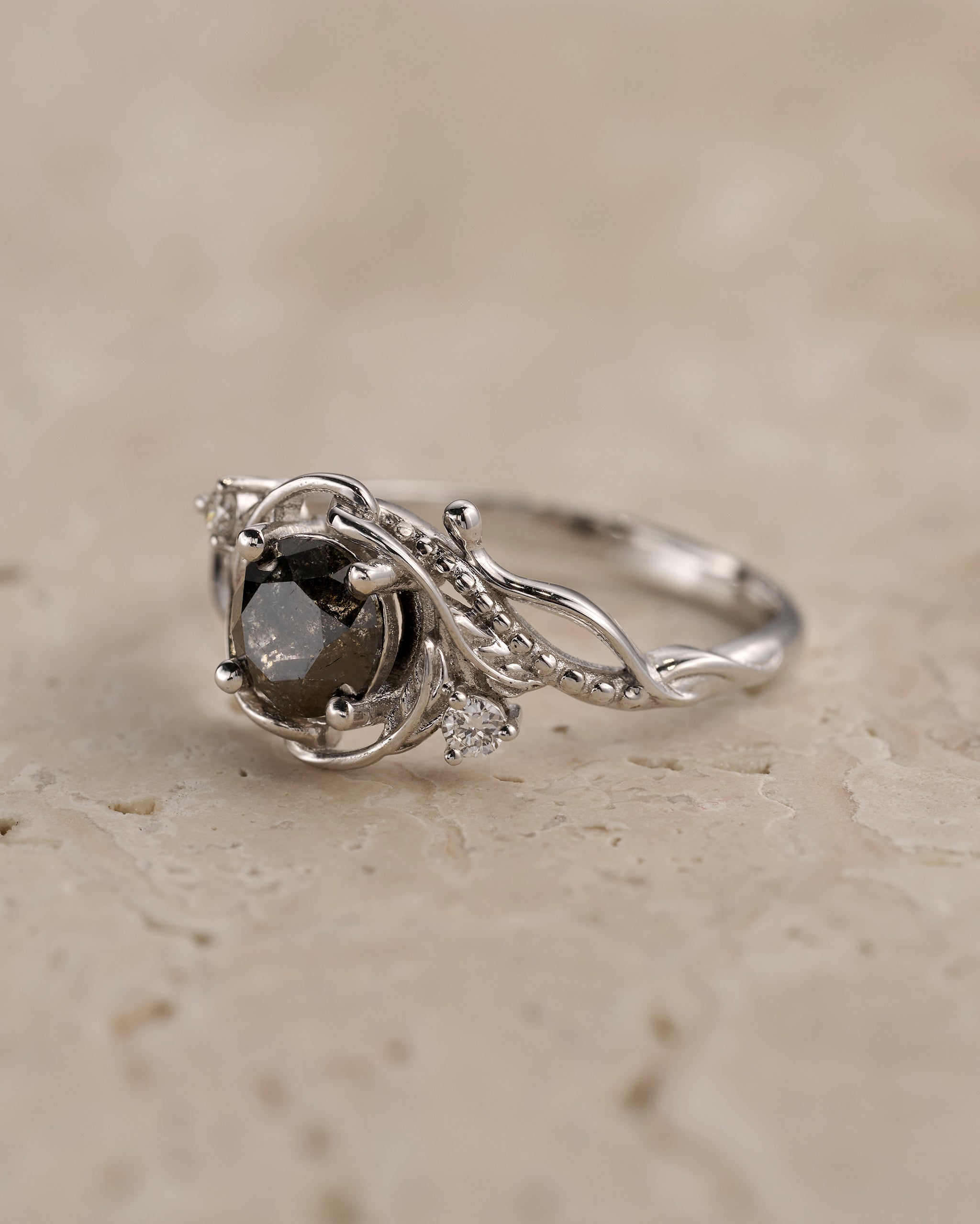 READY TO SHIP: Undina engagement ring with salt & pepper diamond, 6mm, 14k white gold, RING SIZE: 5.5 - 8.5 US - Eden Garden Jewelry™
