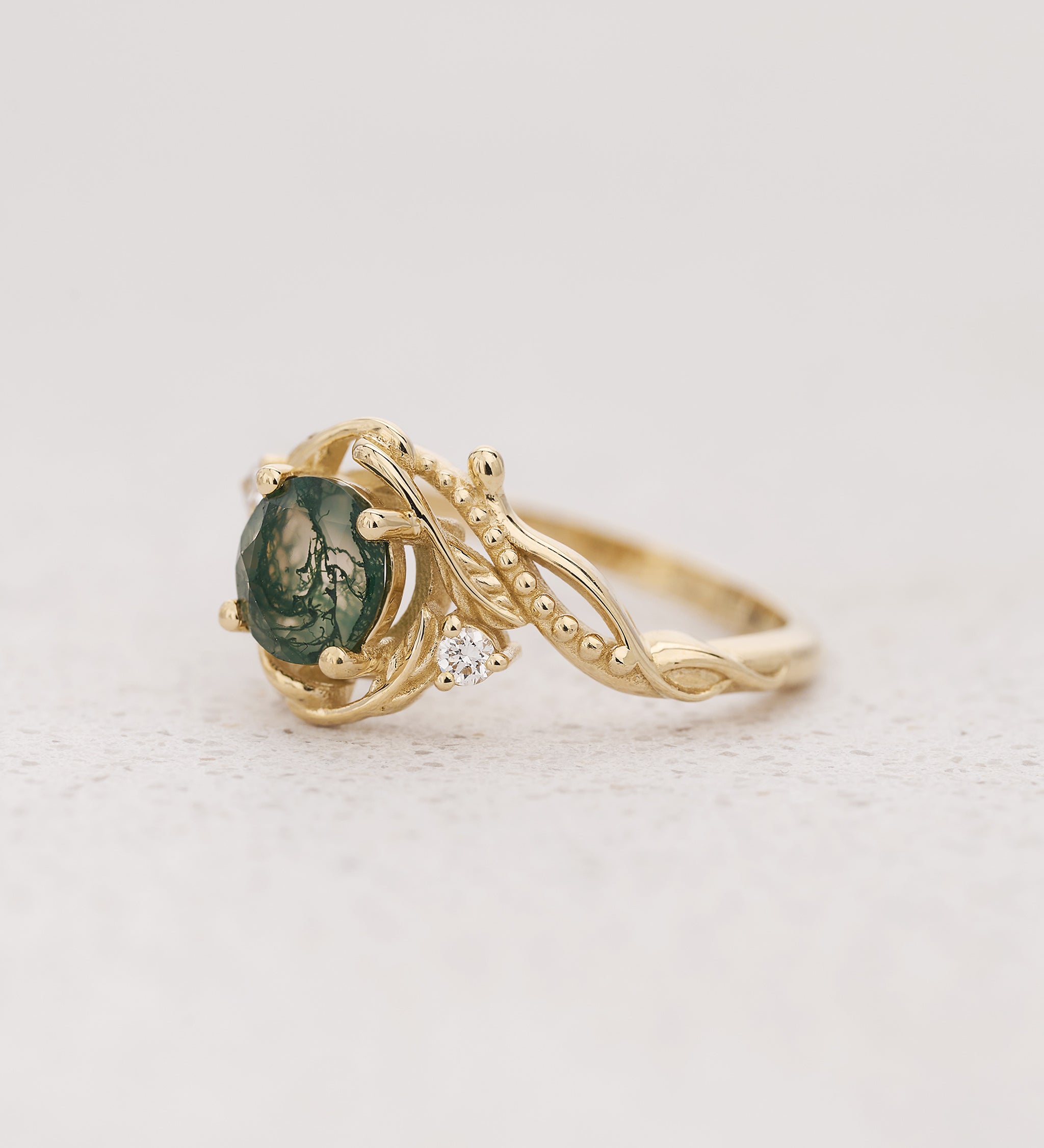 READY TO SHIP: Undina engagement ring with moss agate and diamonds, 14K yellow gold, RING SIZES 5.5 - 8.5 US - Eden Garden Jewelry™