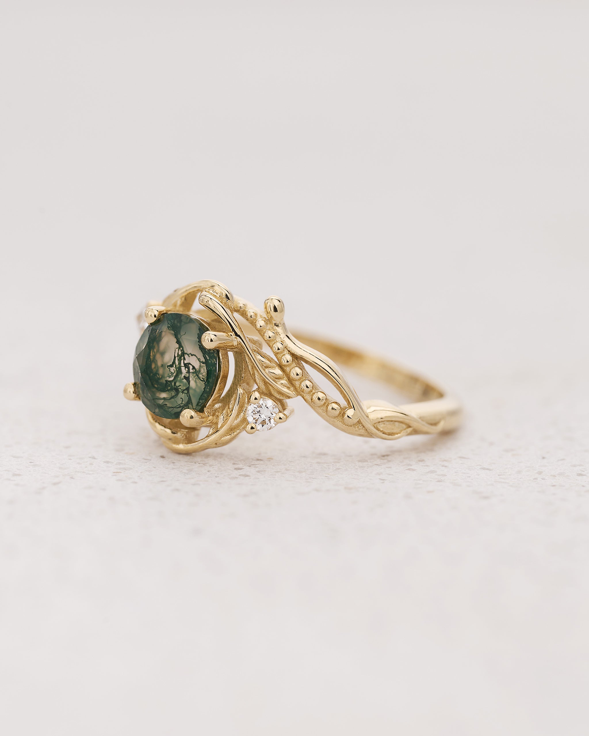 READY TO SHIP: Undina engagement ring with moss agate and diamonds, 14K yellow gold, RING SIZES 5.5 - 8.5 US - Eden Garden Jewelry™