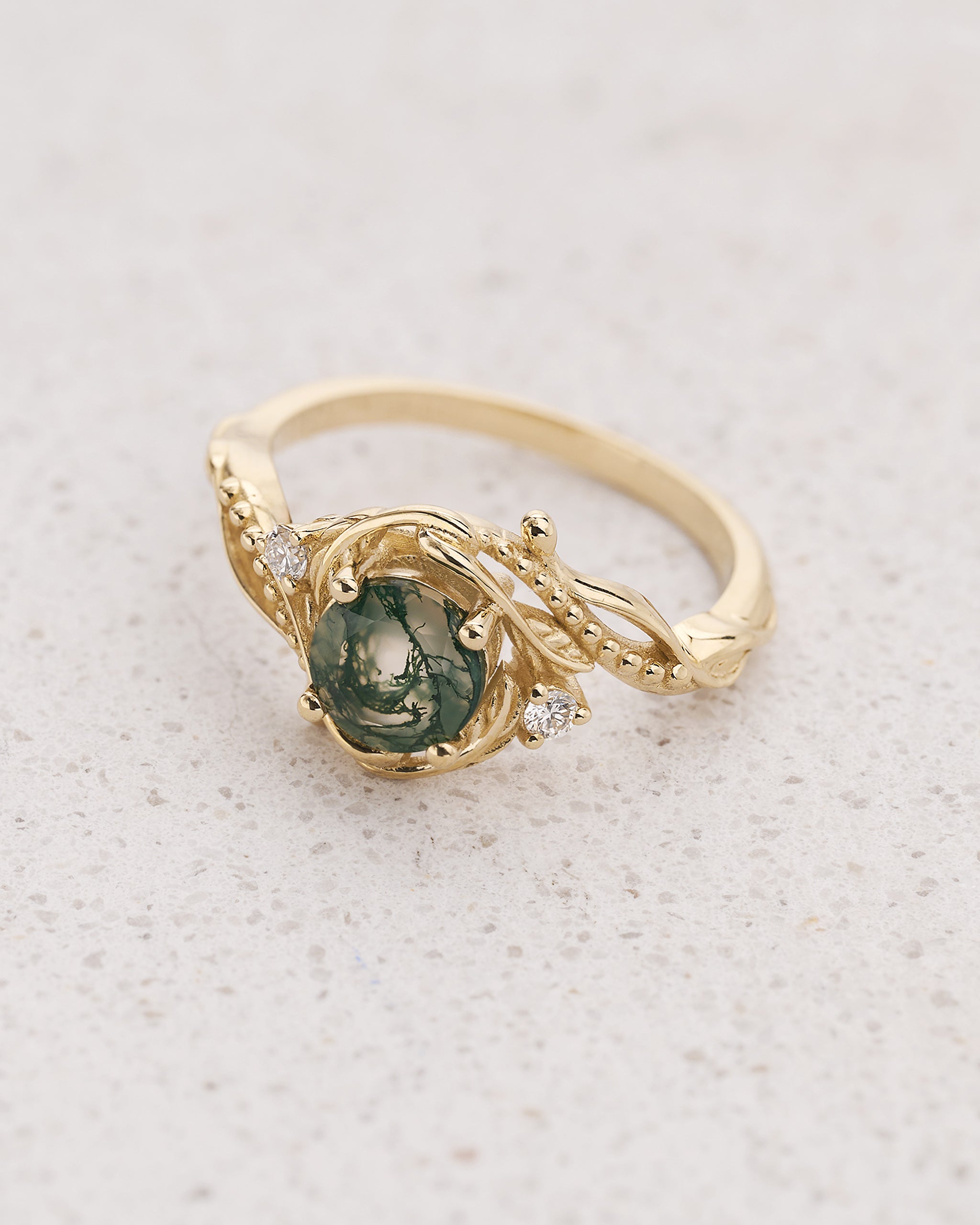 READY TO SHIP: Undina engagement ring with moss agate and diamonds, 14K yellow gold, RING SIZES 5.5 - 8.5 US - Eden Garden Jewelry™