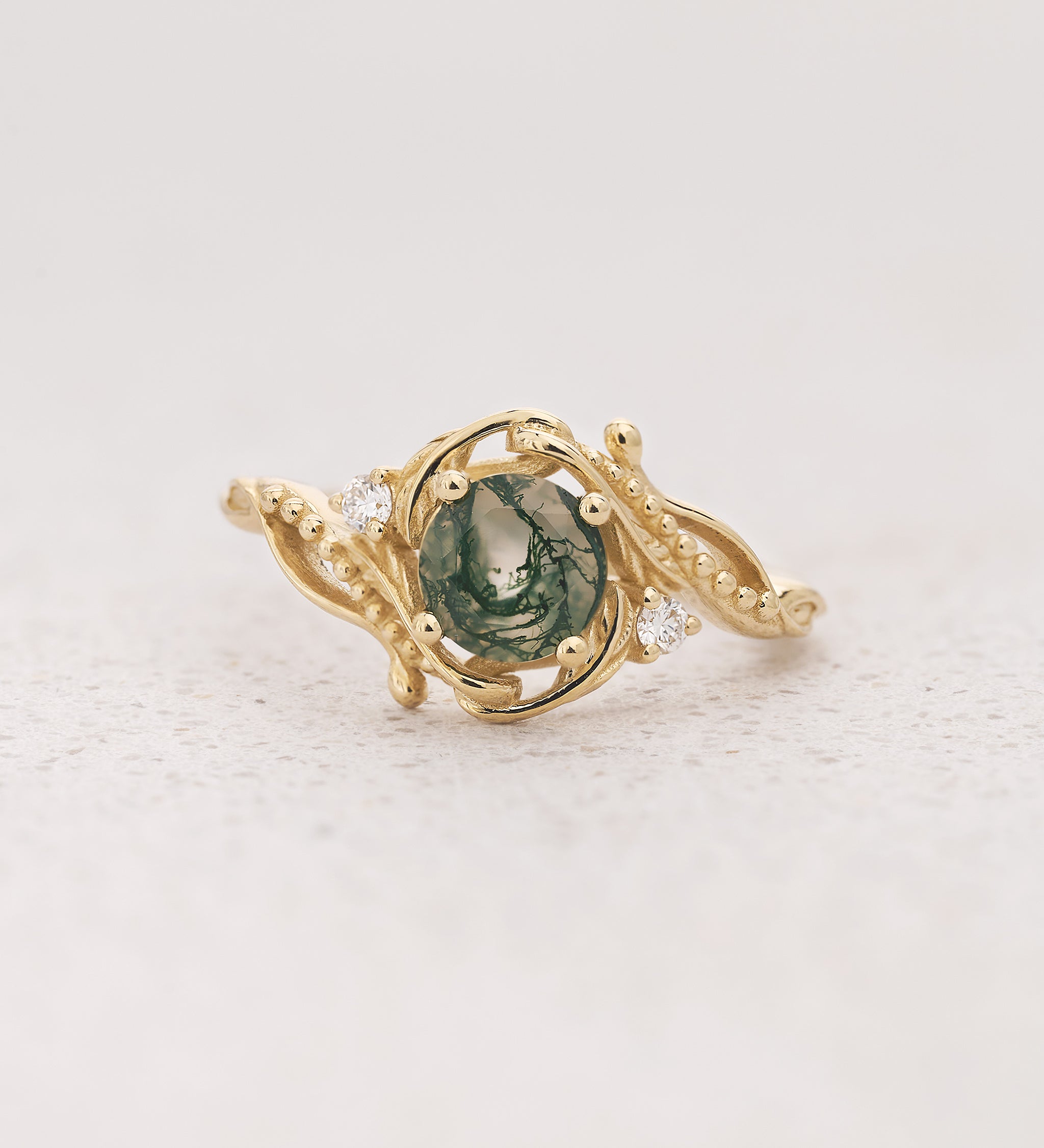 READY TO SHIP: Undina engagement ring with moss agate and diamonds, 14K yellow gold, RING SIZES 5.5 - 8.5 US - Eden Garden Jewelry™