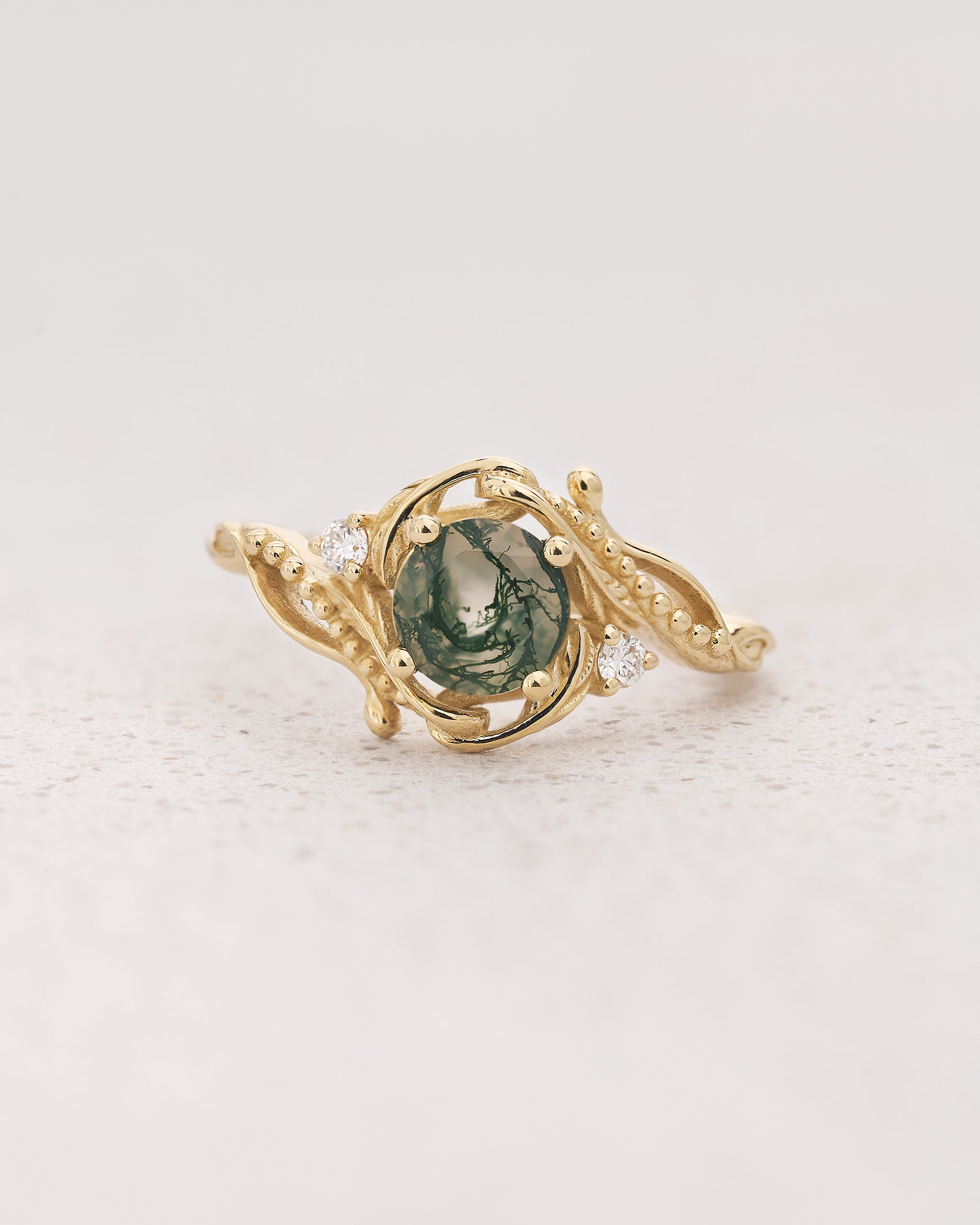 READY TO SHIP: Undina engagement ring with moss agate and diamonds, 14K yellow gold, RING SIZES 5.5 - 8.5 US - Eden Garden Jewelry™