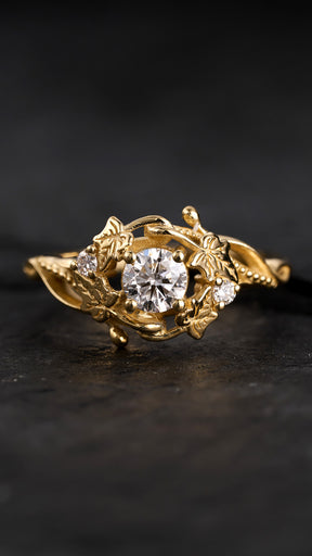 Lab grown diamond engagement ring, gold leaves ring / Undina Ivy - Eden Garden Jewelry™