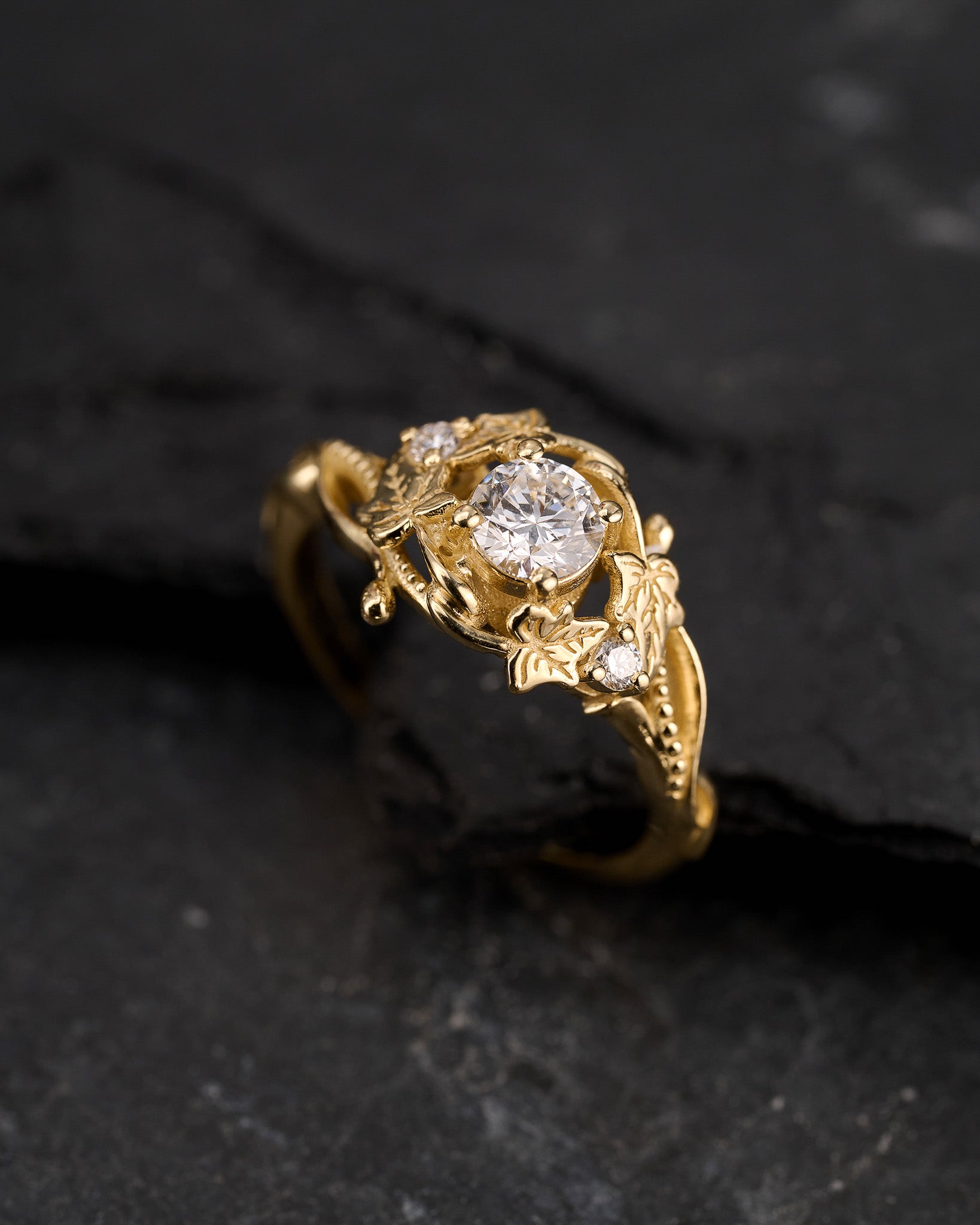 Lab grown diamond engagement ring, gold leaves ring / Undina Ivy - Eden Garden Jewelry™