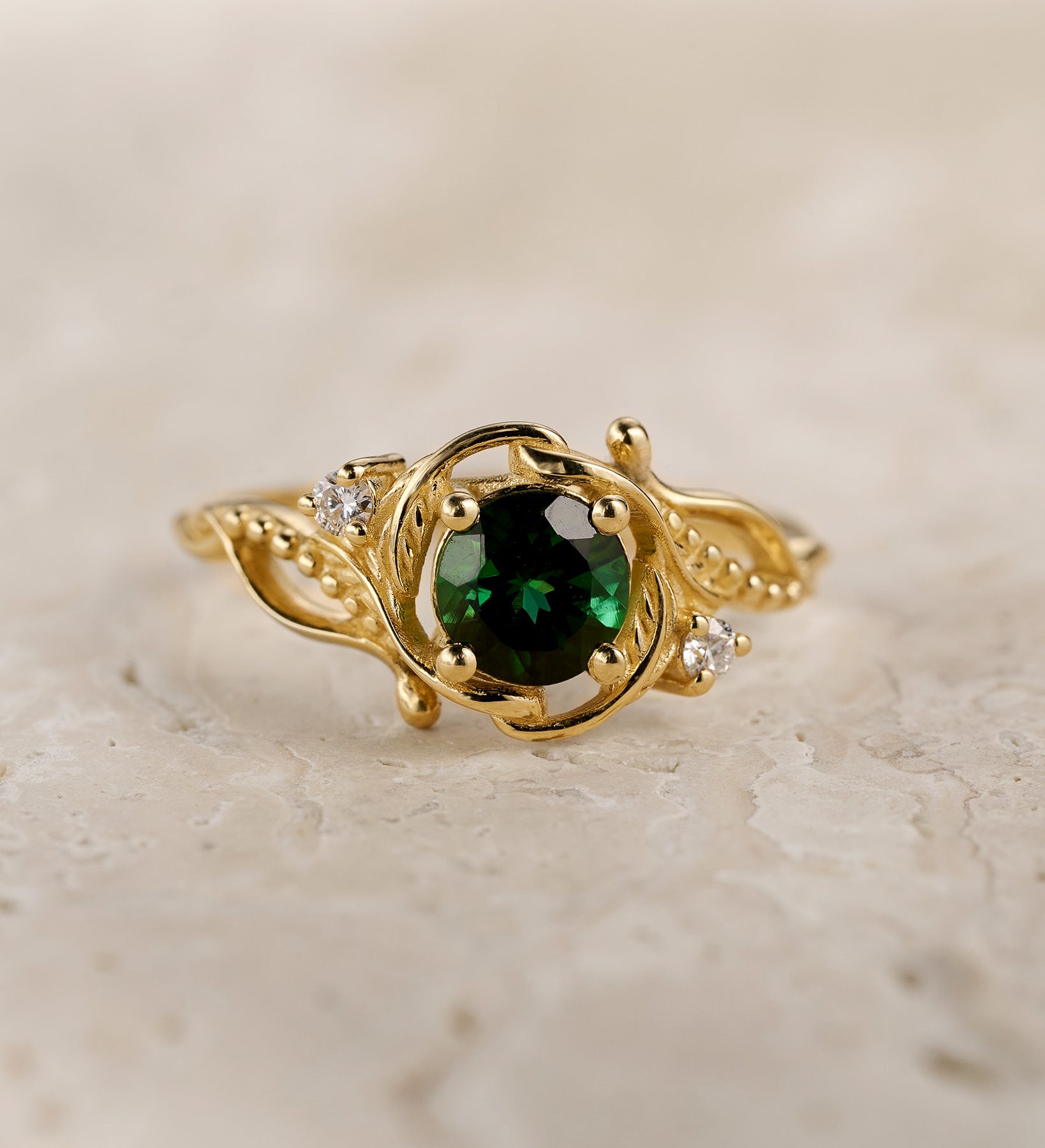 READY TO SHIP: Undina engagement ring with natural green tourmaline and diamonds, 14K yellow gold, RING SIZES: 5.5 - 8.5 US - Eden Garden Jewelry™