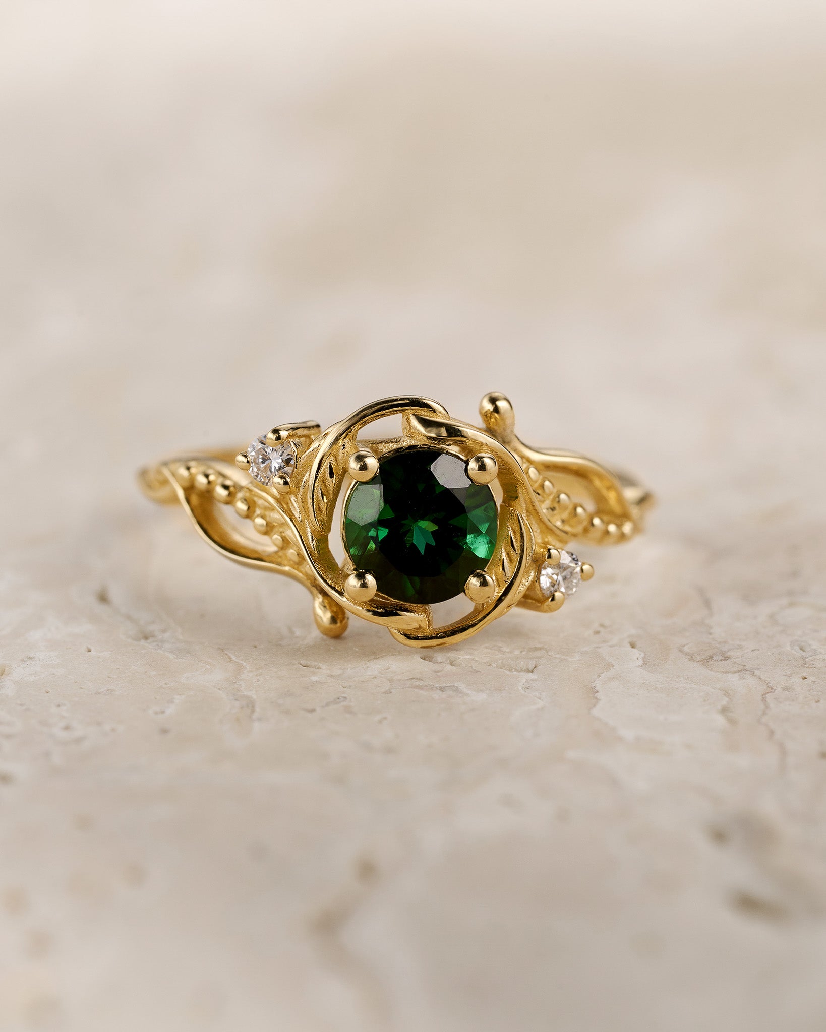 READY TO SHIP: Undina engagement ring with natural green tourmaline and diamonds, 14K yellow gold, RING SIZES: 5.5 - 8.5 US - Eden Garden Jewelry™