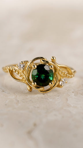 READY TO SHIP: Undina engagement ring with natural green tourmaline and diamonds, 14K yellow gold, RING SIZES: 5.5 - 8.5 US - Eden Garden Jewelry™