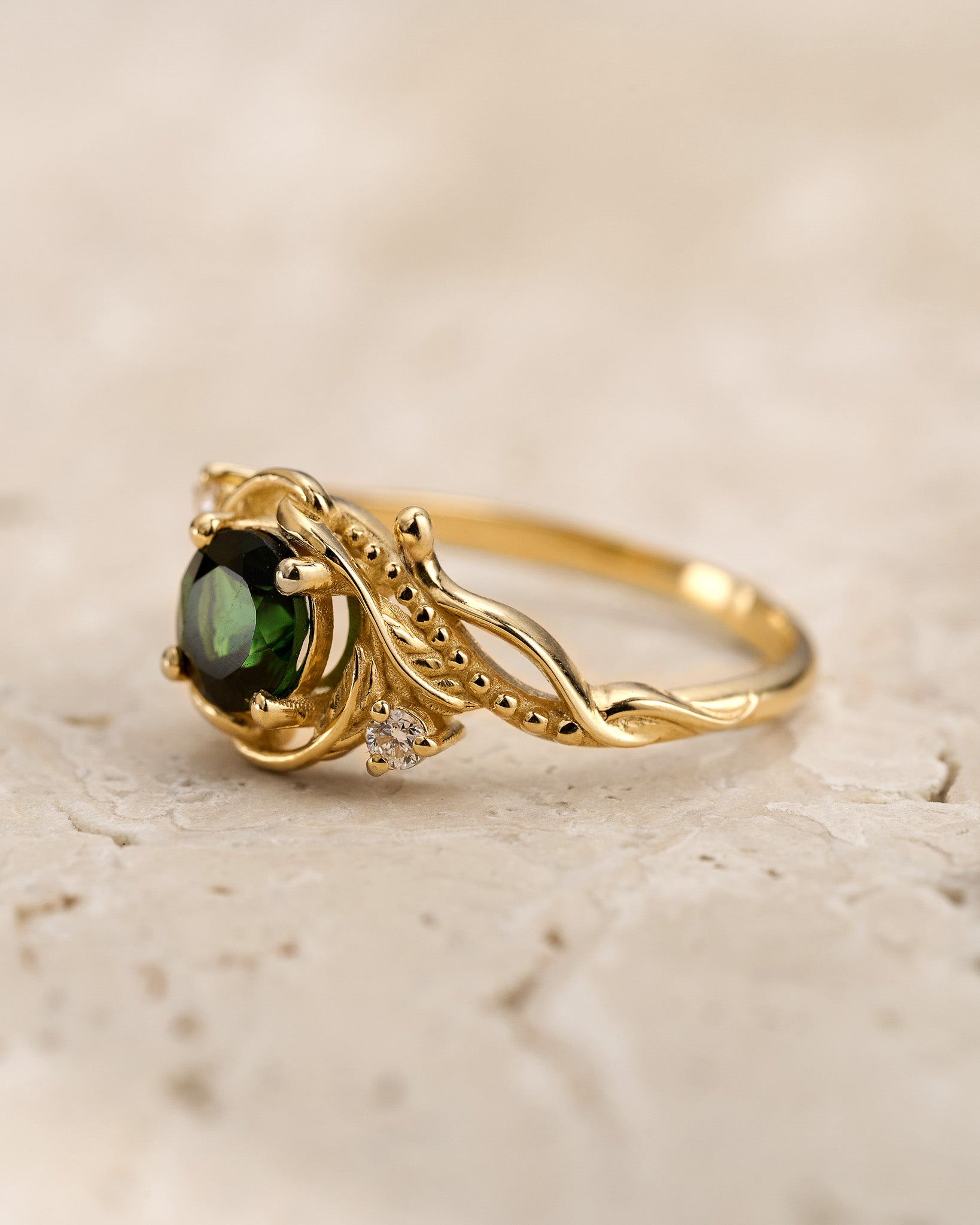 READY TO SHIP: Undina engagement ring with natural green tourmaline and diamonds, 14K yellow gold, RING SIZES: 5.5 - 8.5 US - Eden Garden Jewelry™