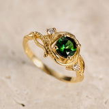 READY TO SHIP: Undina engagement ring with natural green tourmaline and diamonds, 14K yellow gold, RING SIZES: 5.5 - 8.5 US - Eden Garden Jewelry™