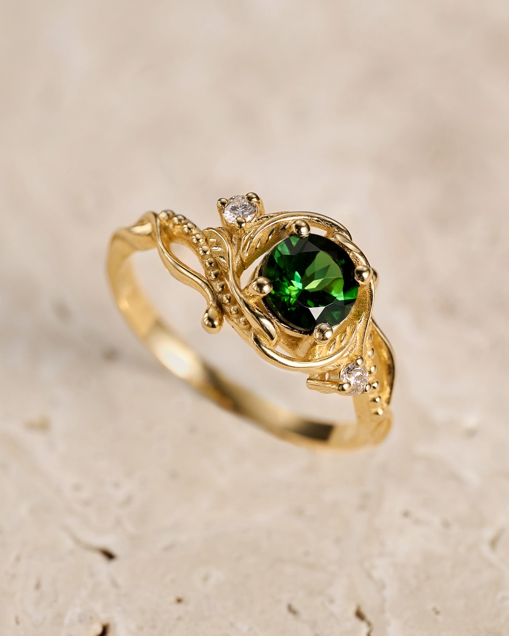 READY TO SHIP: Undina engagement ring with natural green tourmaline and diamonds, 14K yellow gold, RING SIZES: 5.5 - 8.5 US - Eden Garden Jewelry™