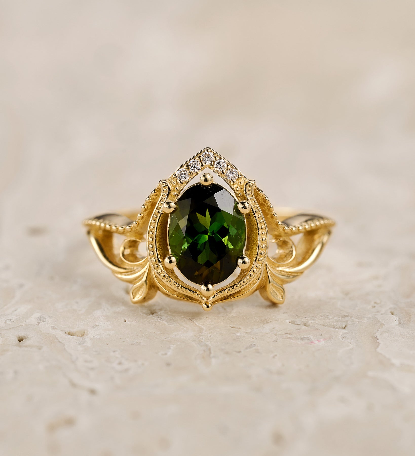 Yellow gold oval engagement ring, green tourmaline / Lida - Eden Garden Jewelry™