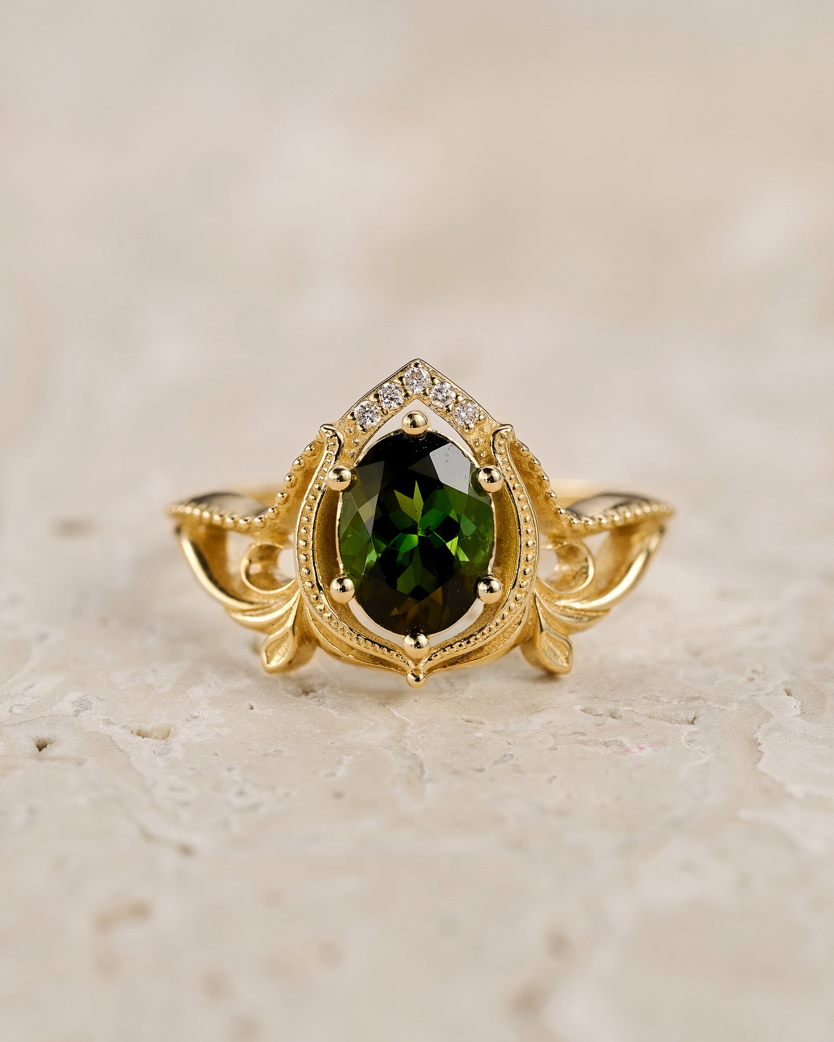 Yellow gold oval engagement ring, green tourmaline / Lida - Eden Garden Jewelry™