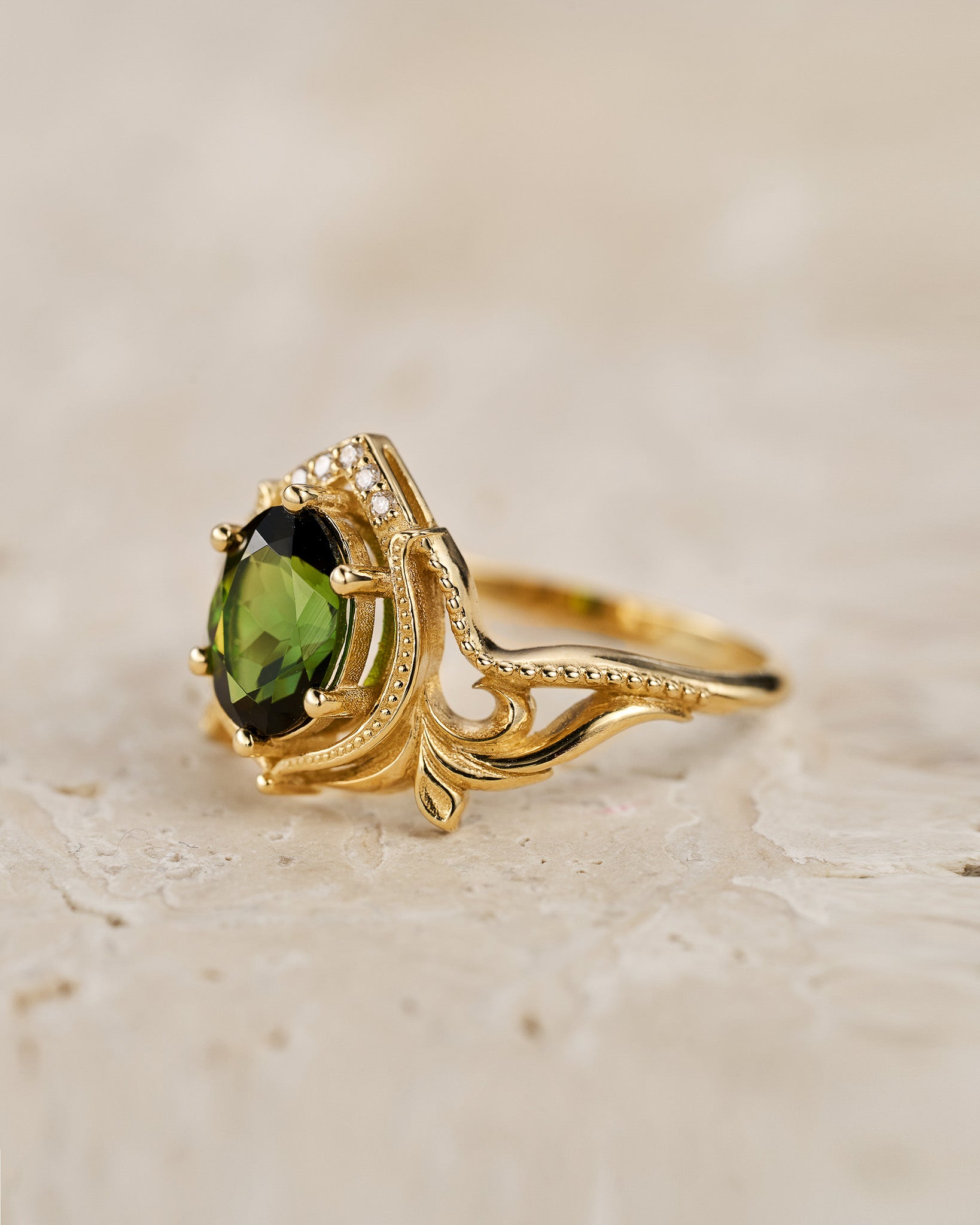 Yellow gold oval engagement ring, green tourmaline / Lida - Eden Garden Jewelry™