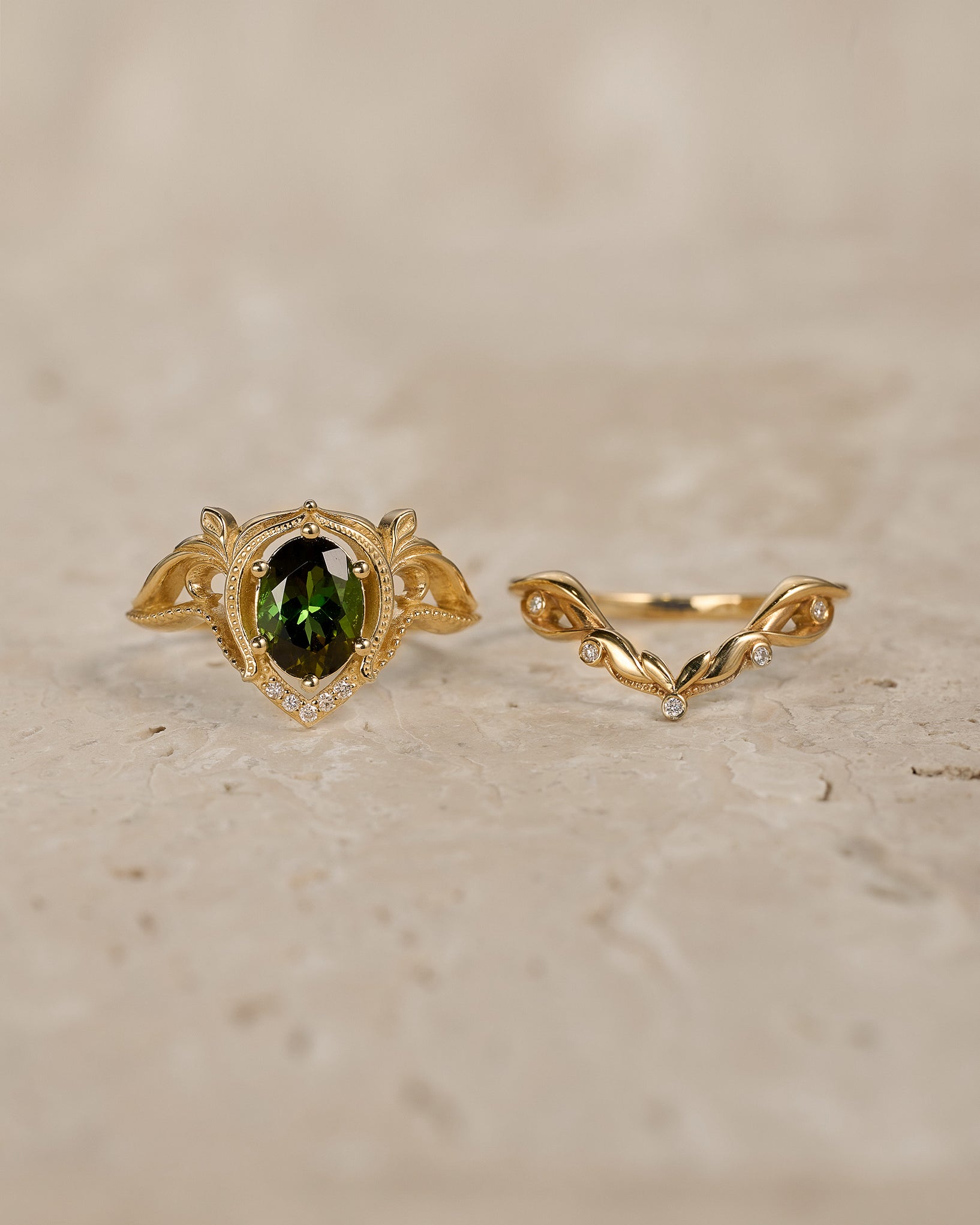 Green tourmaline engagement ring set / Lida oval - Eden Garden Jewelry™