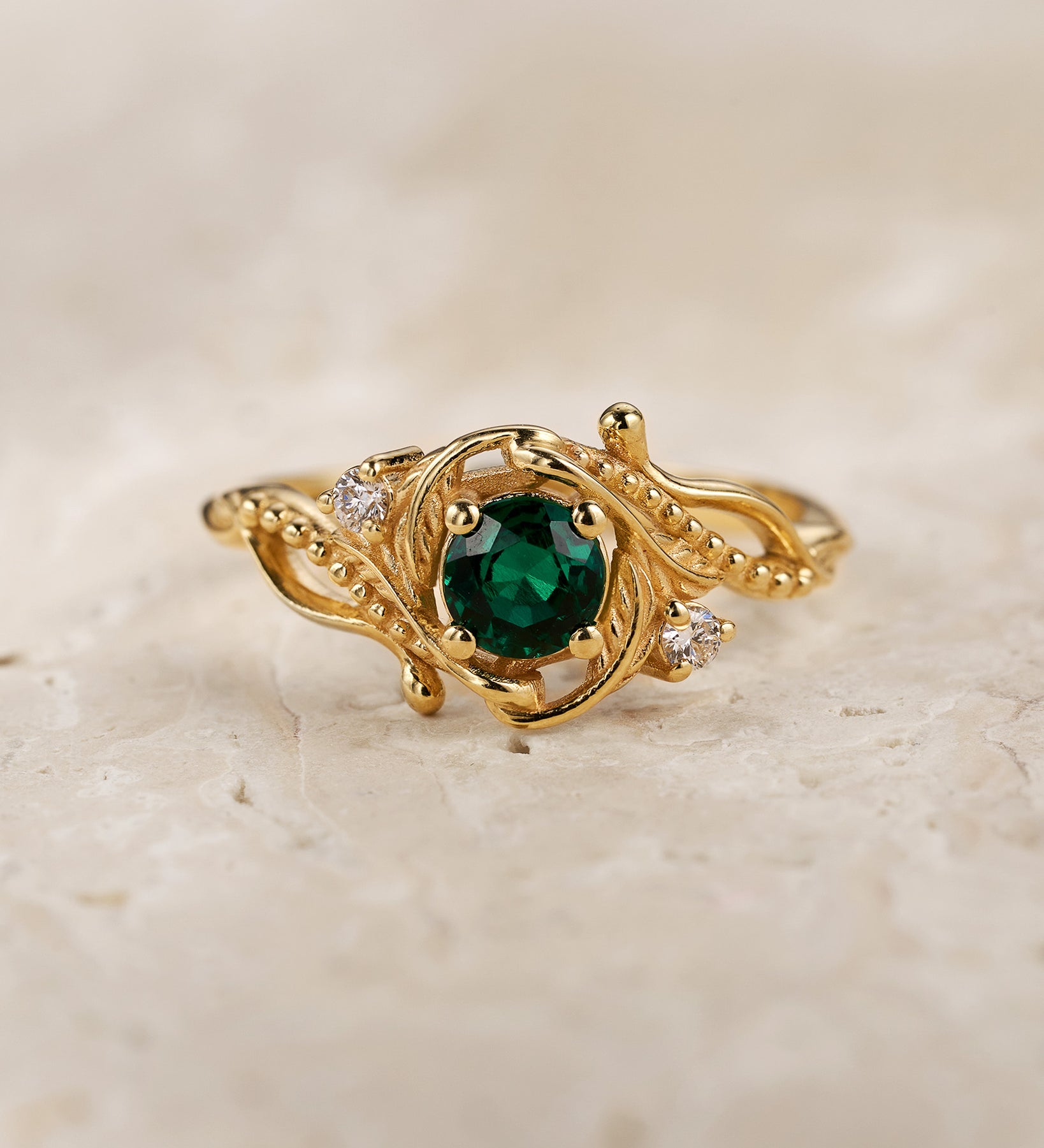 Lab emerald engagement ring, nature themed ring with accent diamonds  / Undina - Eden Garden Jewelry™