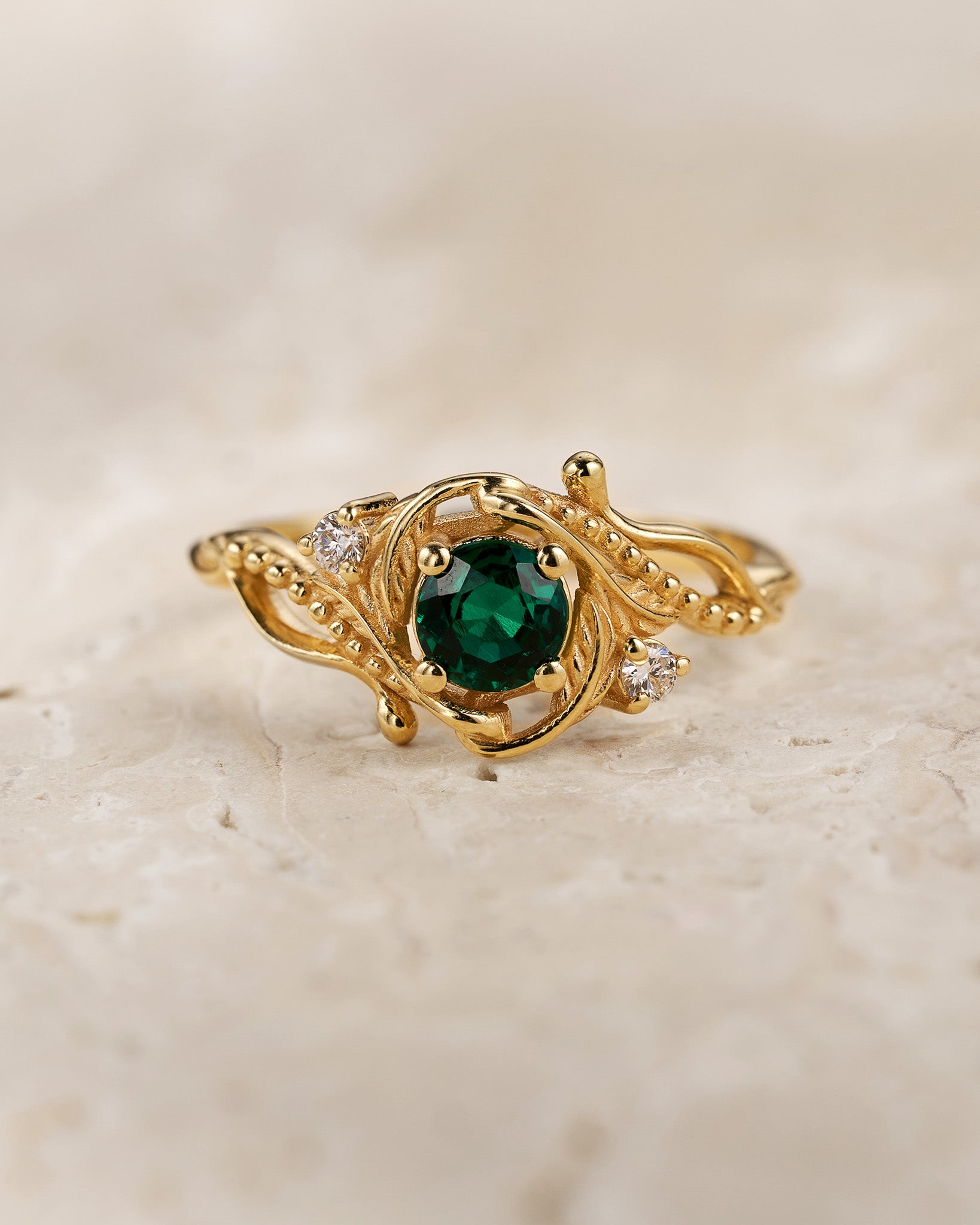 Lab emerald engagement ring, nature themed ring with accent diamonds  / Undina - Eden Garden Jewelry™