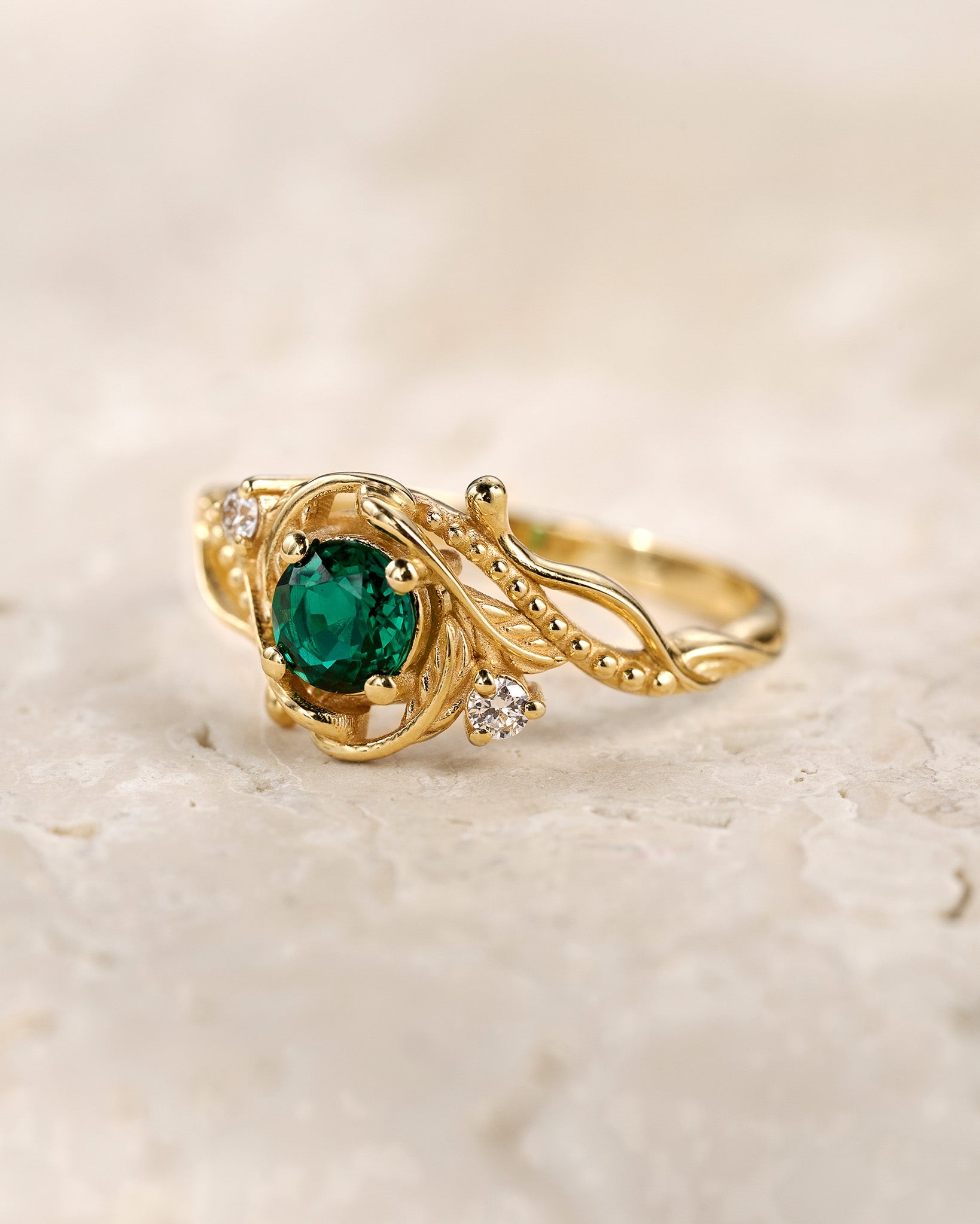Lab emerald engagement ring, nature themed ring with accent diamonds  / Undina - Eden Garden Jewelry™